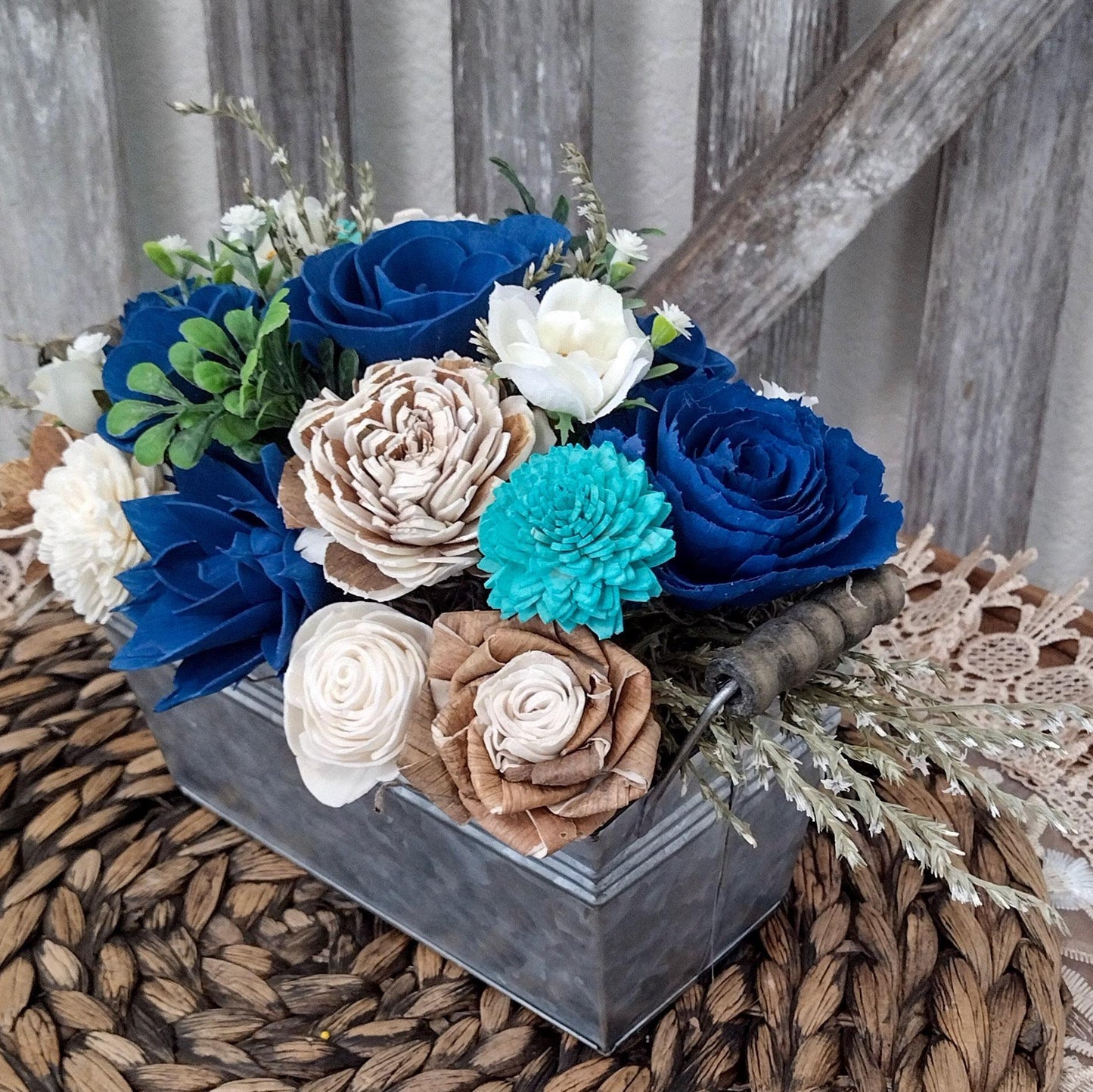 Navy, Teal & Natural Sola Wood Flower Centerpiece | Rustic Handcrafted Gift for Her