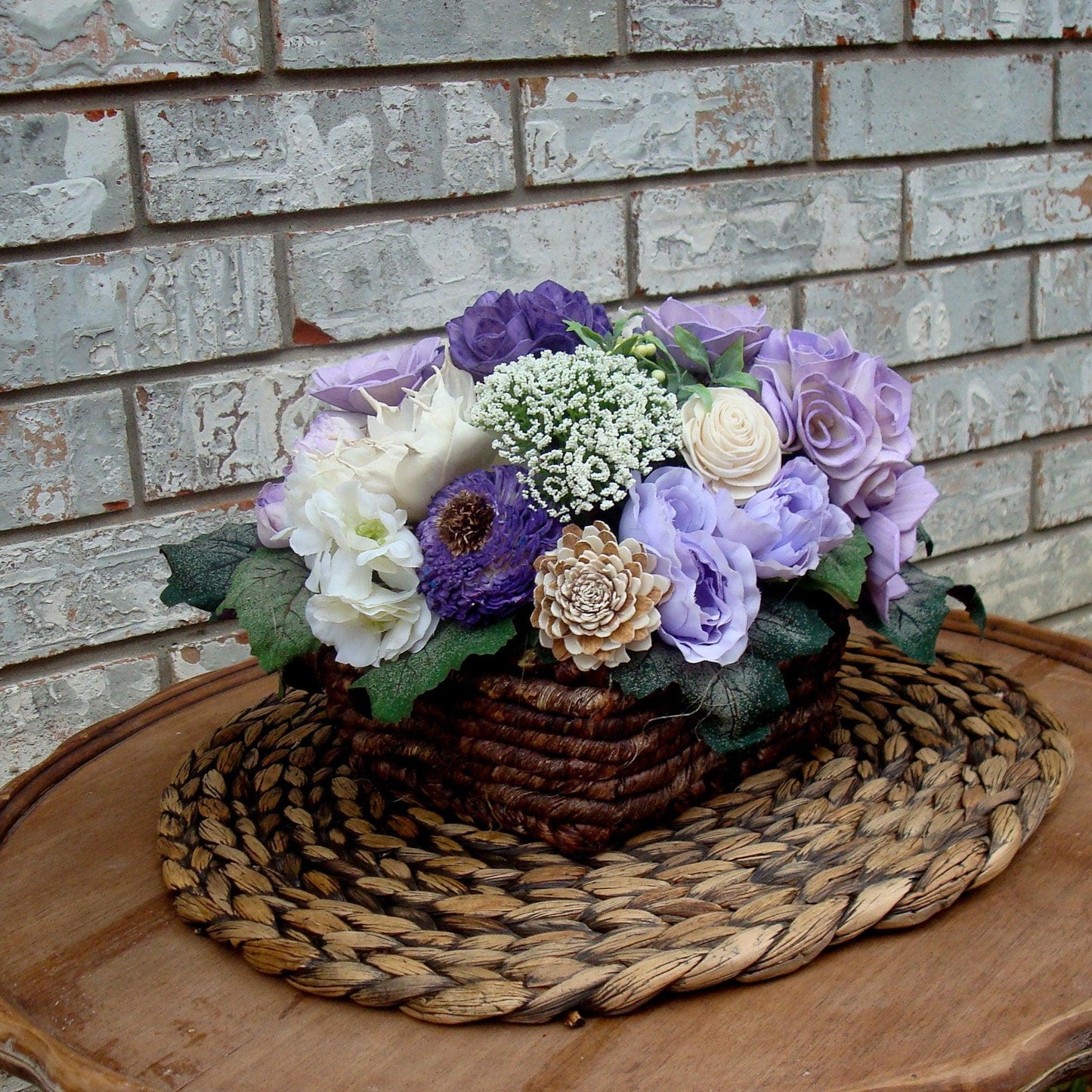 Purple Sola Wood Flower Arrangement in Rustic Woven Basket | Handcrafted Gift for Her
