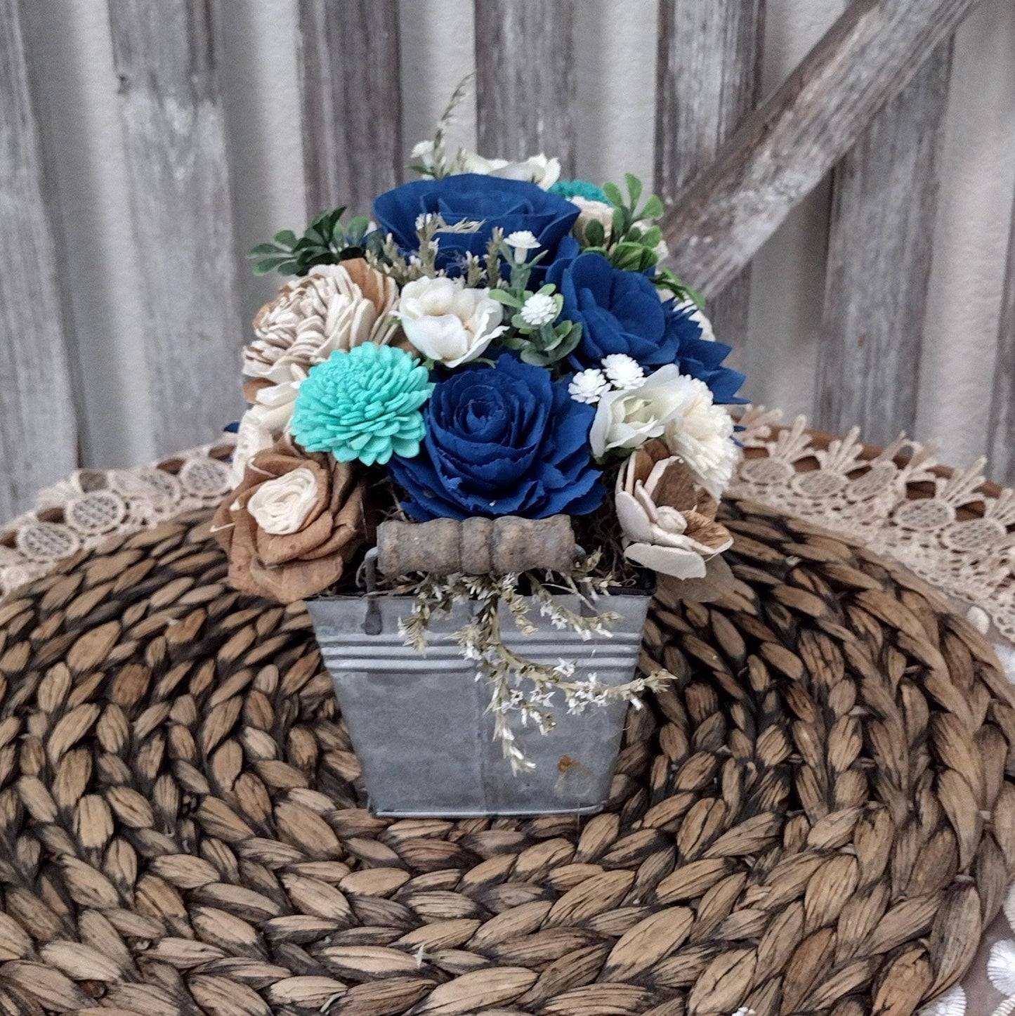 Navy, Teal & Natural Sola Wood Flower Centerpiece | Rustic Handcrafted Gift for Her