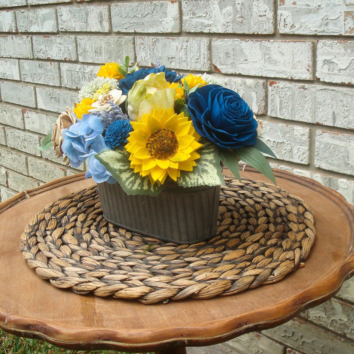 Blue and Yellow Sola Wood Flowers Arrangement, Gift for her