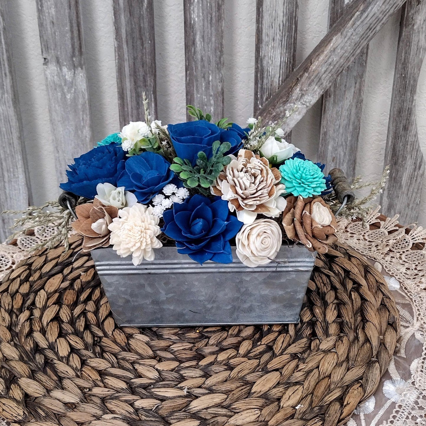 Navy, Teal & Natural Sola Wood Flower Centerpiece | Rustic Handcrafted Gift for Her