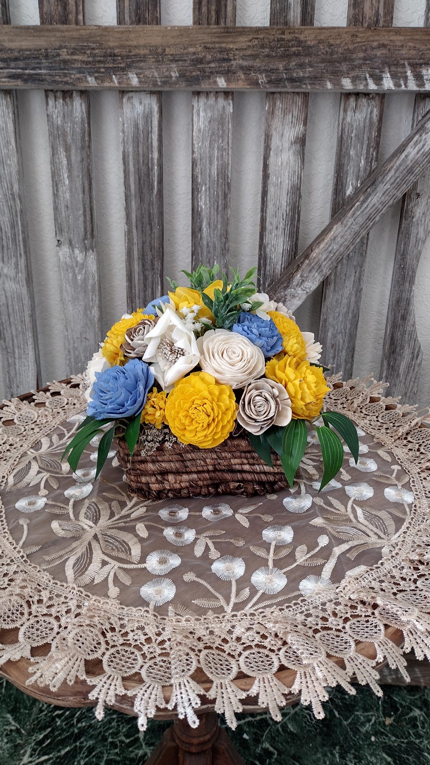 Beautiful Sola Wood flower arrangement in Yellow and Blue