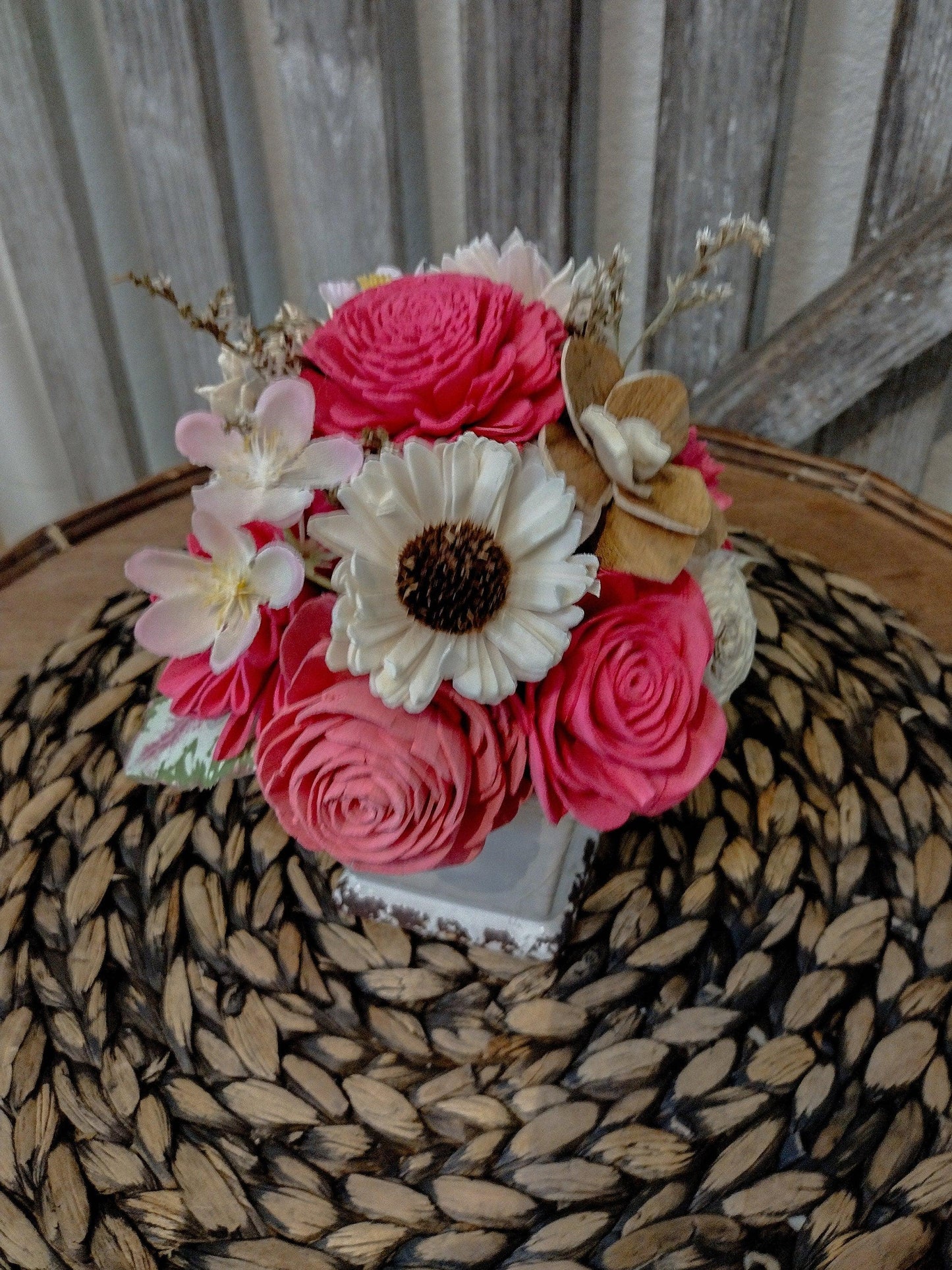 Bright Pink & Ivory Sola Wood Flower Farmhouse Centerpiece | Handcrafted Keepsake Arrangement