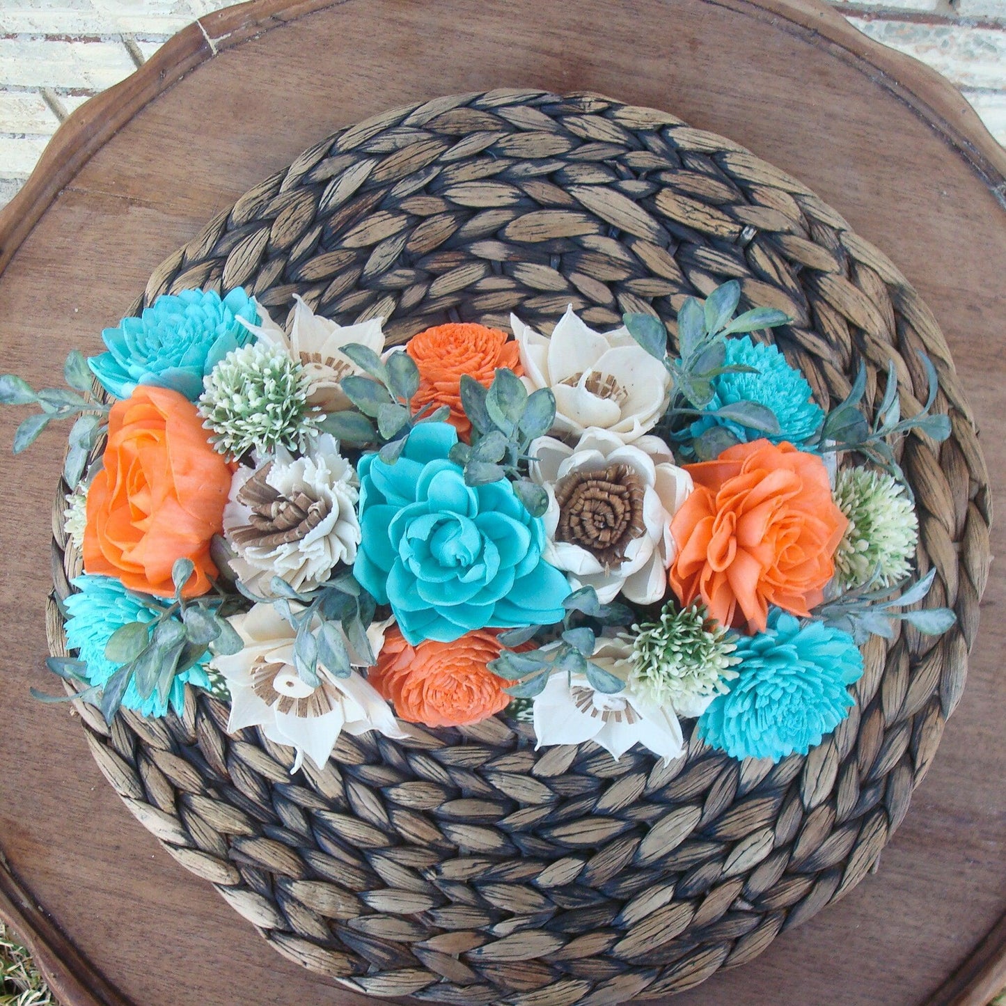 Teal and Orange Wood Florals, Sola Wood Flowers, Gift for her. Dried Flower Arrangement, Mother's day