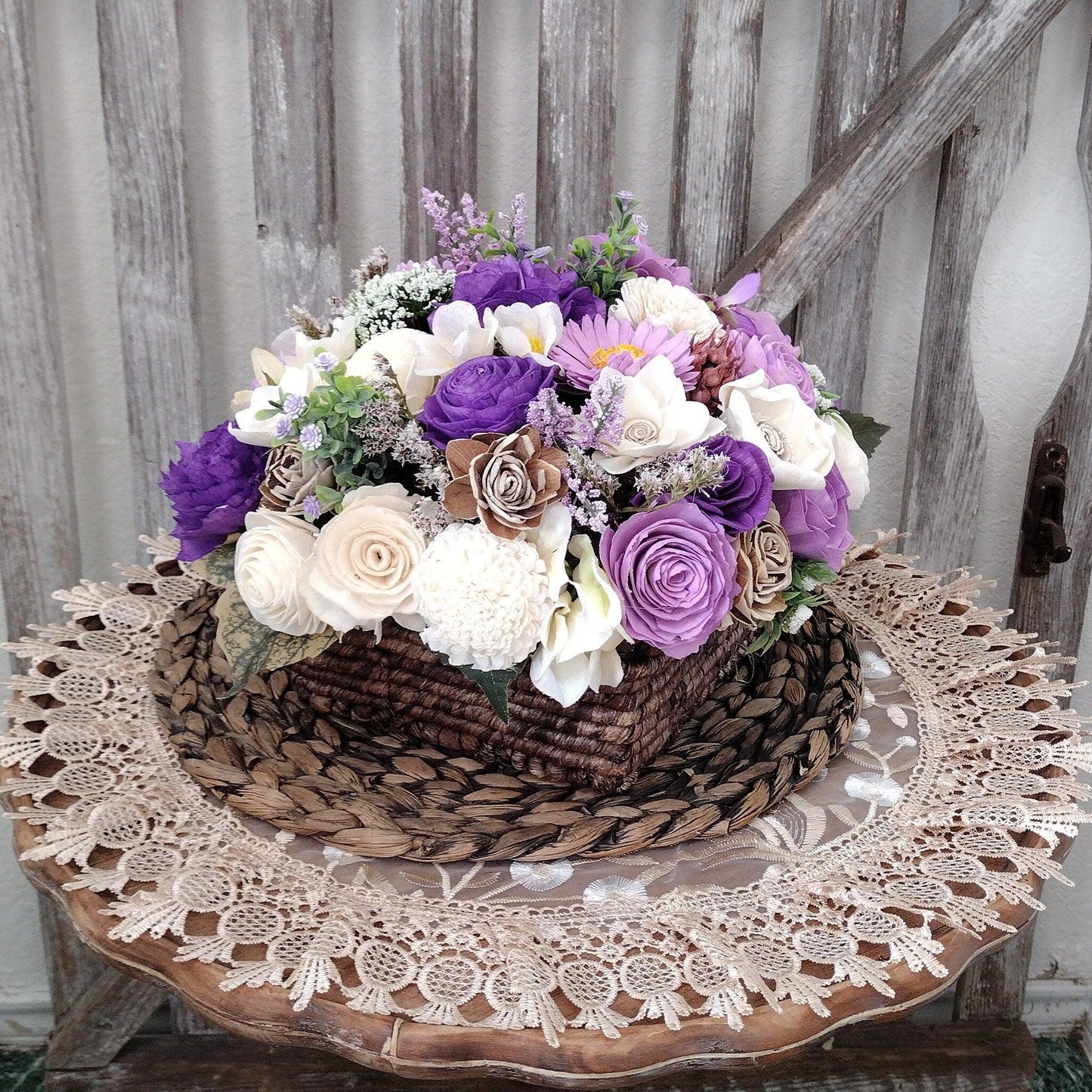 large square purples and white sola wood flower arrangement