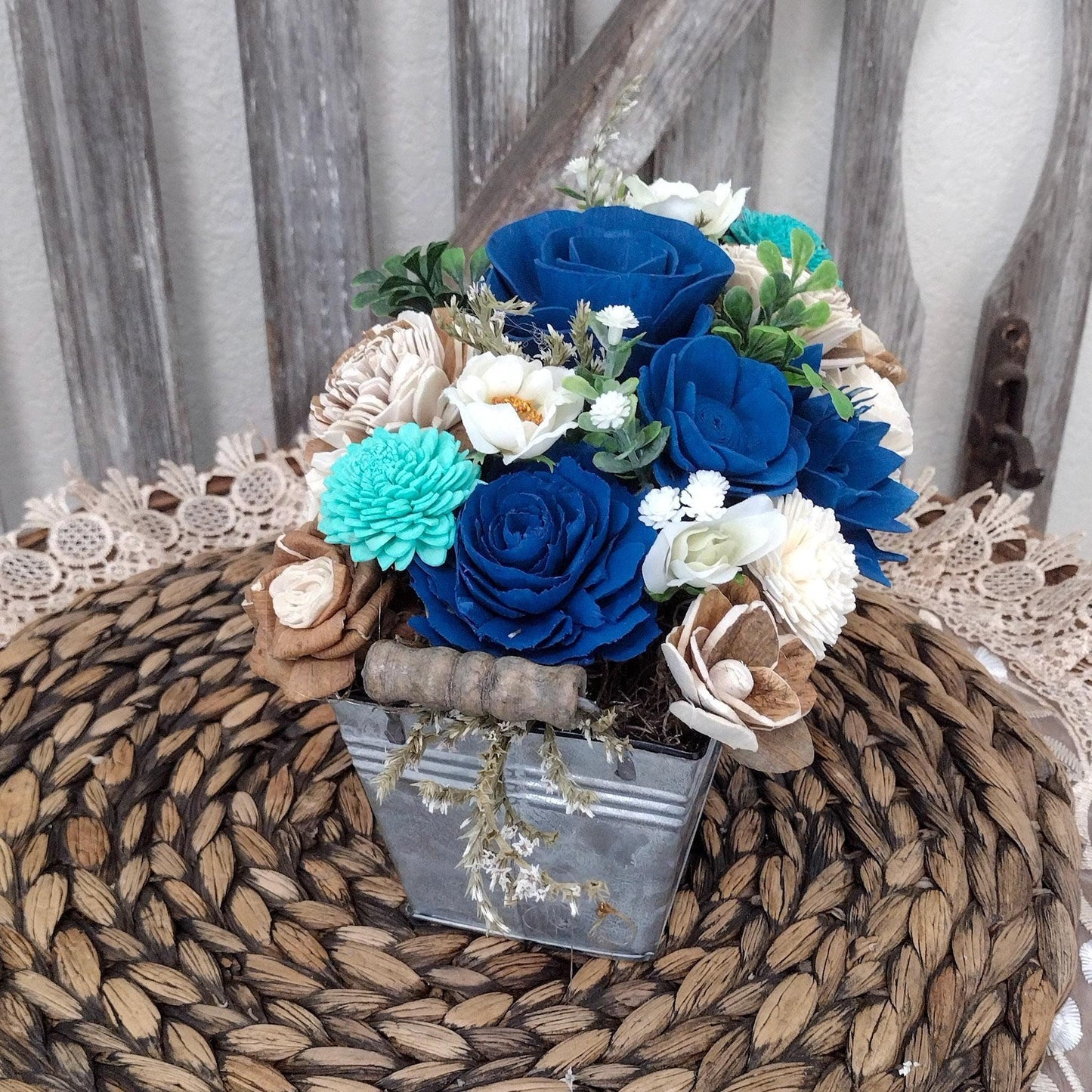 Navy, Teal & Natural Sola Wood Flower Centerpiece | Rustic Handcrafted Gift for Her