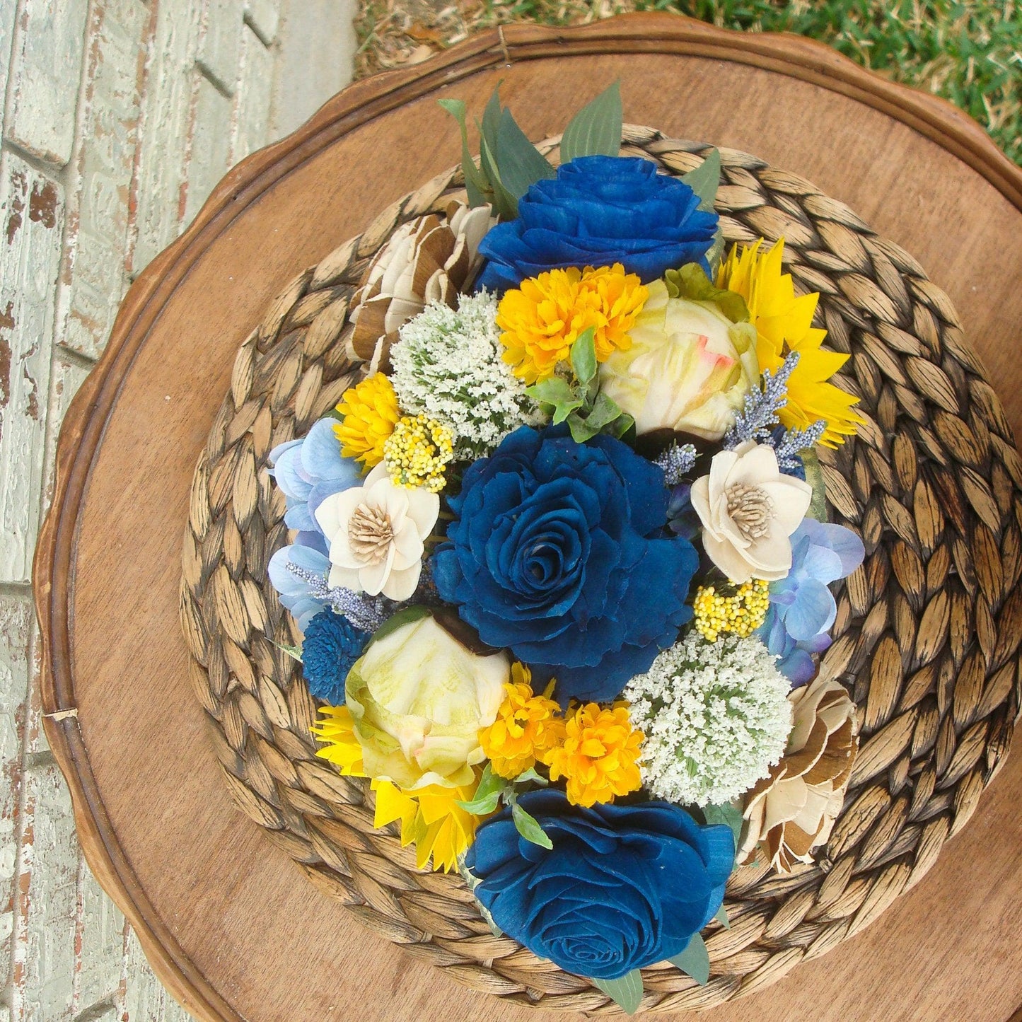 Blue and Yellow Sola Wood Flowers Arrangement, Gift for her
