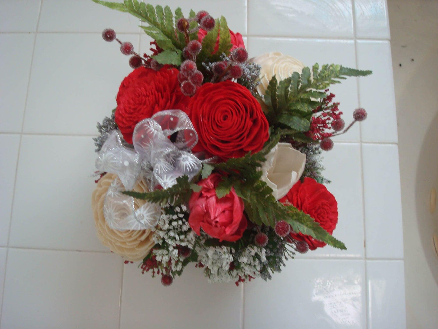 Holiday decoration, Christmas Centerpiece with berries and sola wood flowers in a wood box, gift
