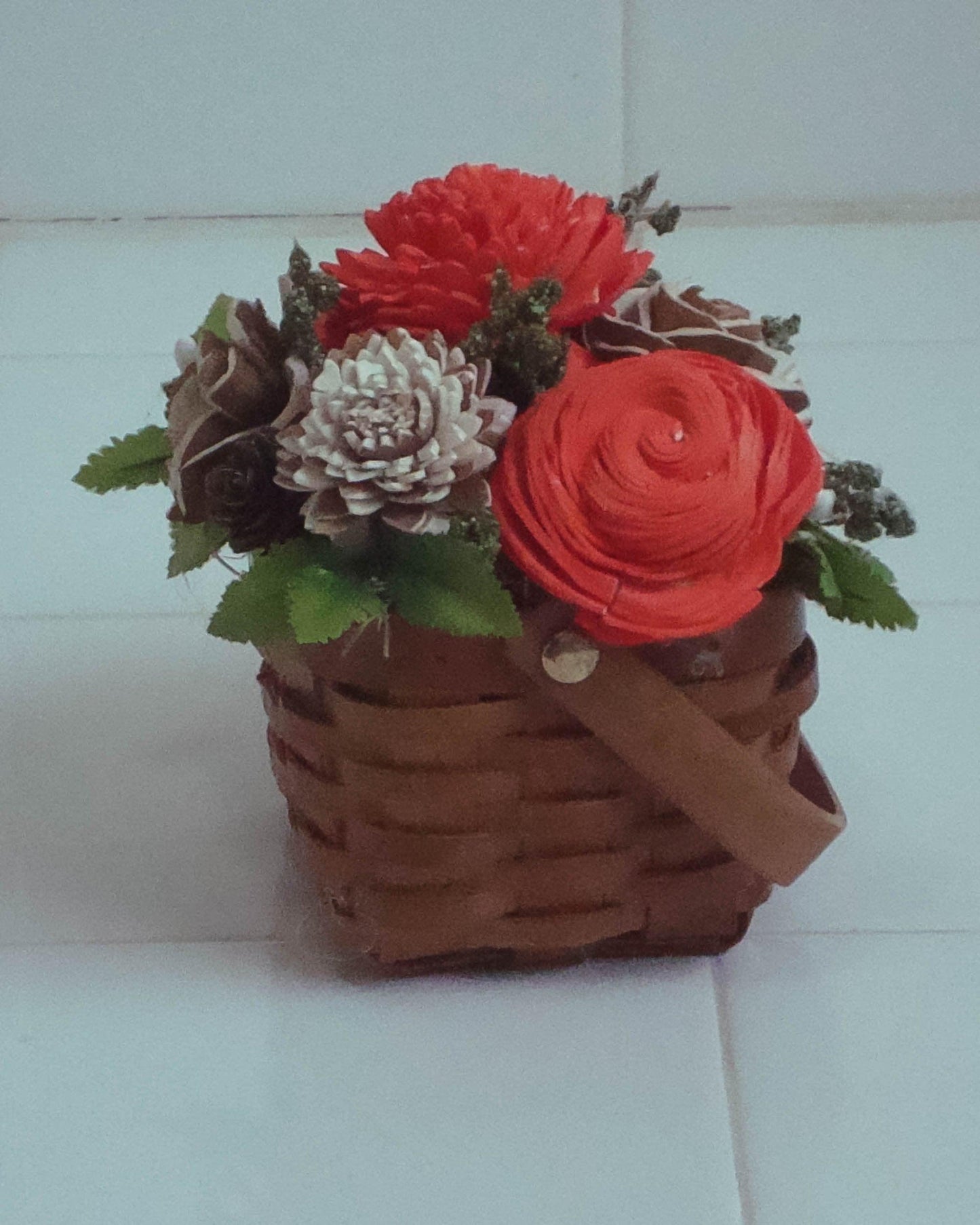 Fall Sola Wood Flower Basket – Rustic Centerpiece with Orange & Natural Blooms