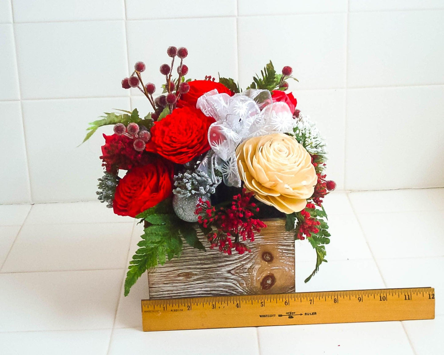 Holiday decoration, Christmas Centerpiece with berries and sola wood flowers in a wood box, gift