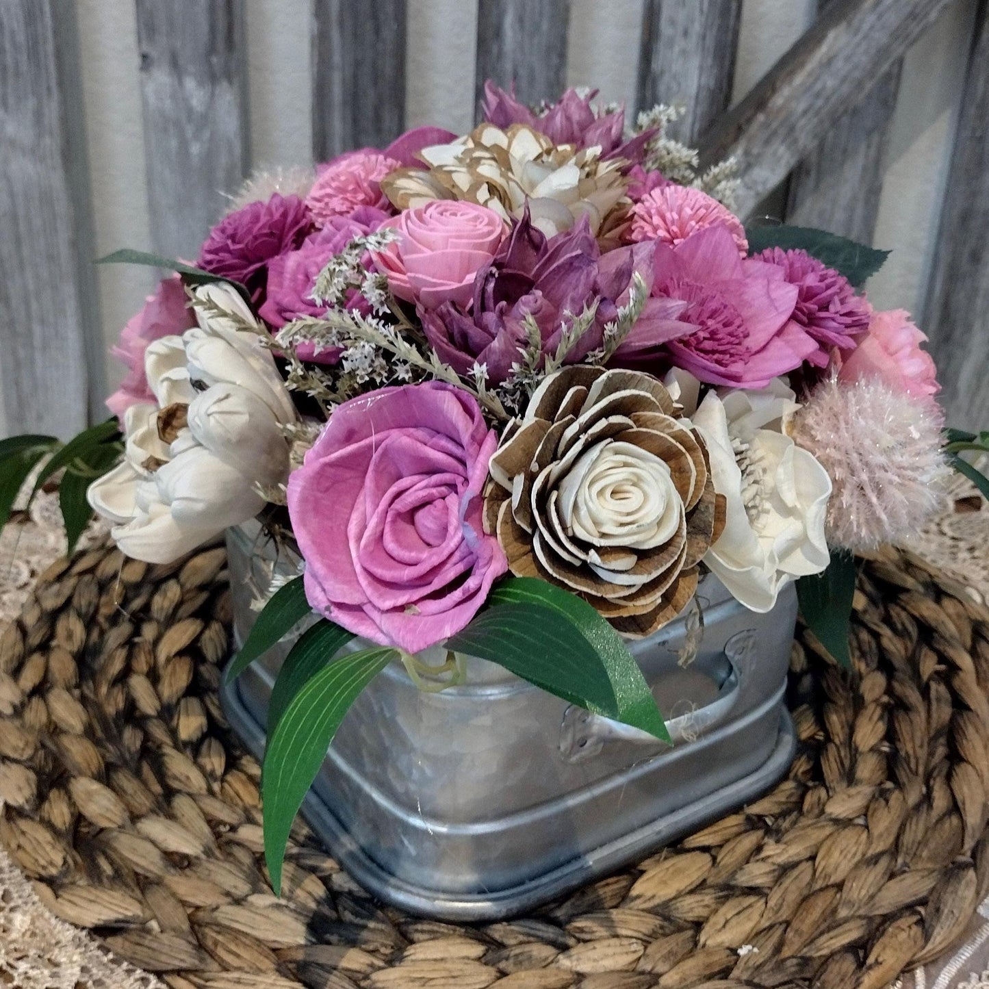 Dusty Pink Sola Wood Fall Centerpiece in Rustic Metal Container | Handcrafted Floral Gift for Her