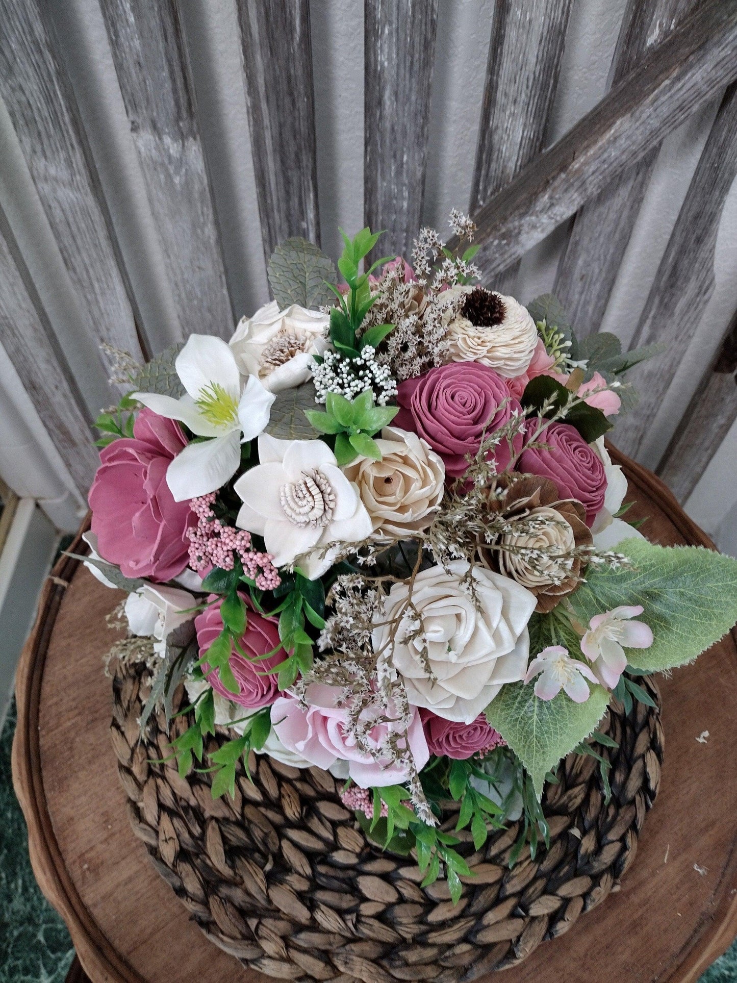 Mauve & Pink Sola Wood Bridal Bouquet – Rustic Wedding Keepsake, Eco-Friendly Flowers