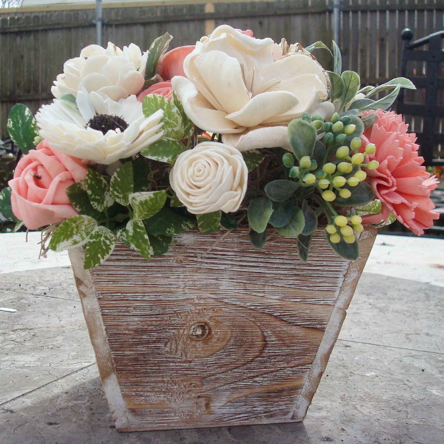 Pale pink in white Sola flowers in a washed wood planter