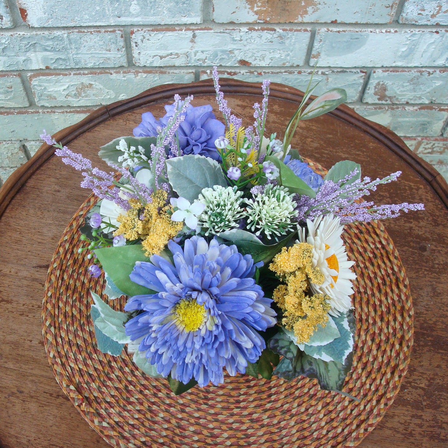 Purple & Yellow Sola Wood Flower Centerpiece in White-Washed Container