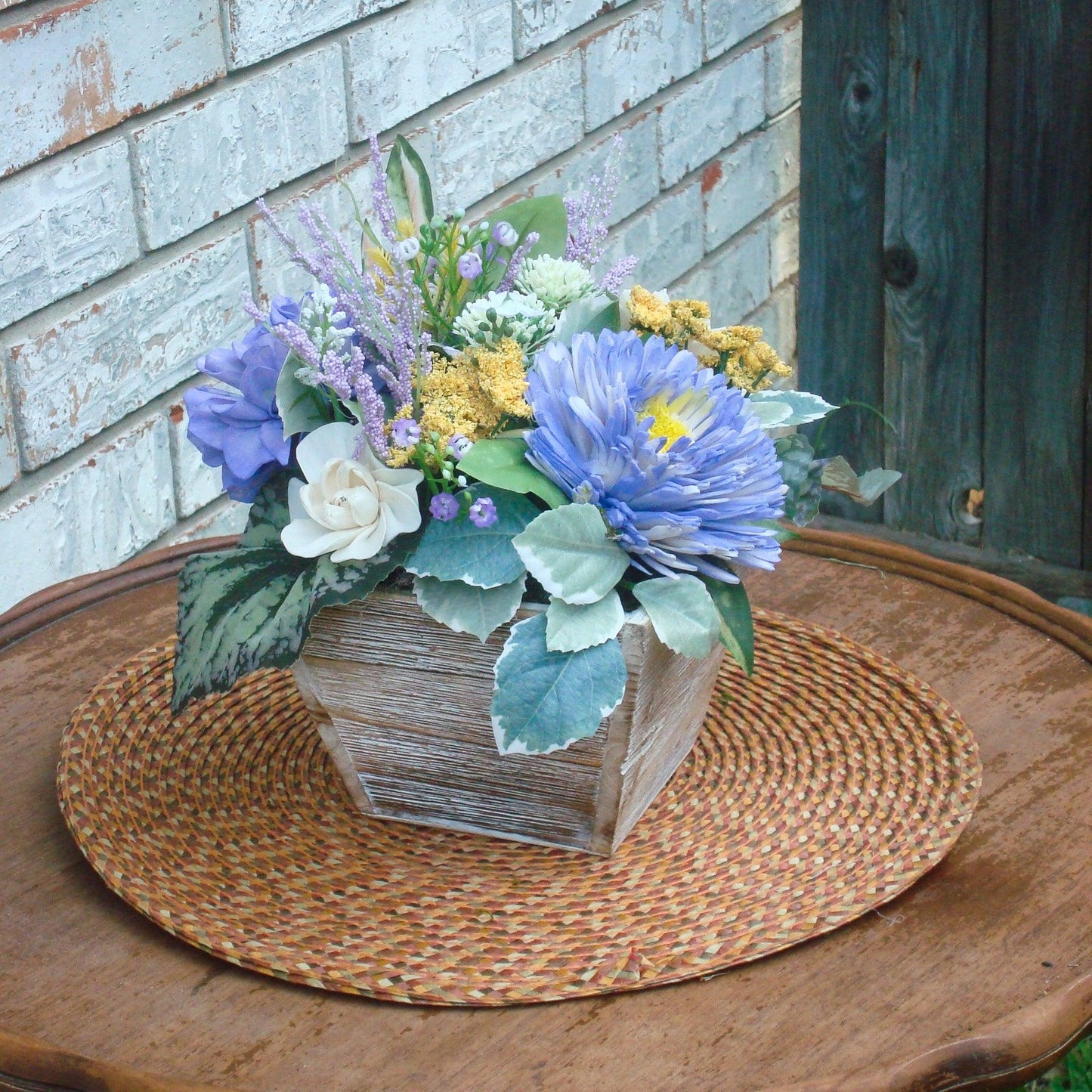 Purple & Yellow Sola Wood Flower Centerpiece in White-Washed Container