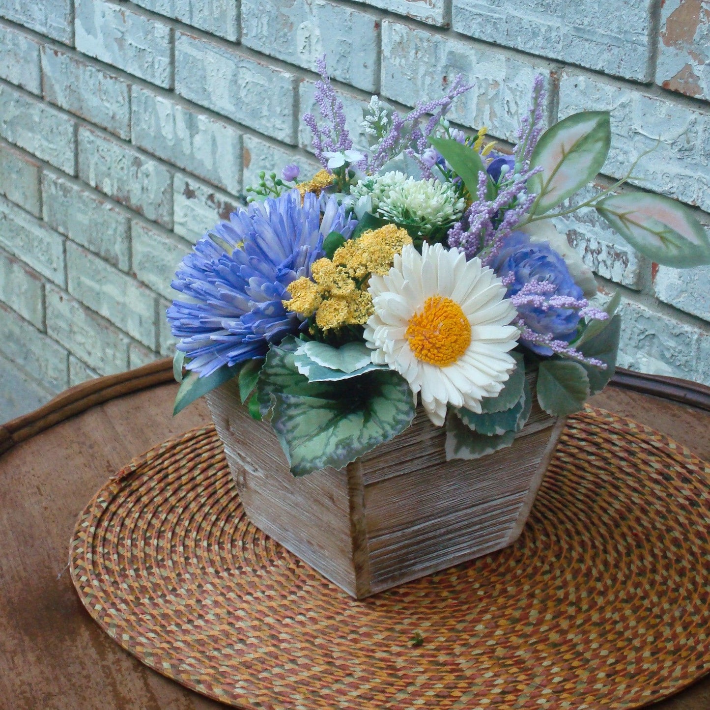 Purple & Yellow Sola Wood Flower Centerpiece in White-Washed Container