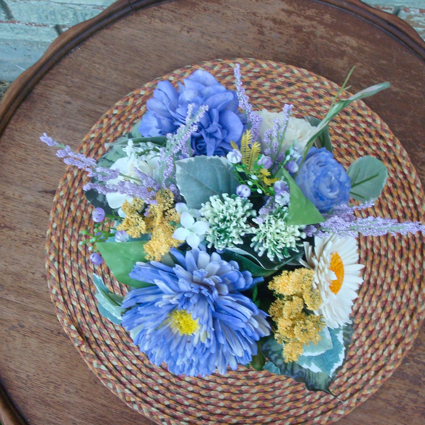 Purple & Yellow Sola Wood Flower Centerpiece in White-Washed Container