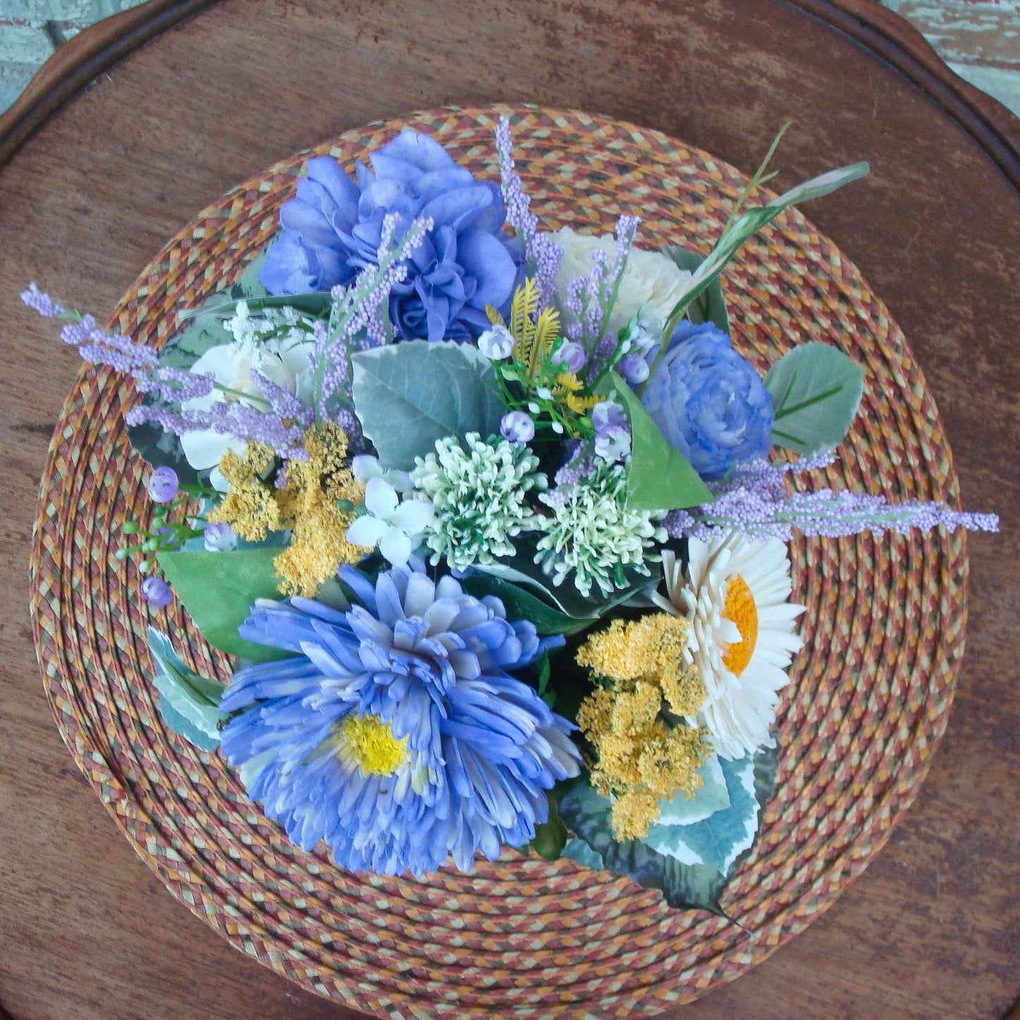 Purple & Yellow Sola Wood Flower Centerpiece in White-Washed Container