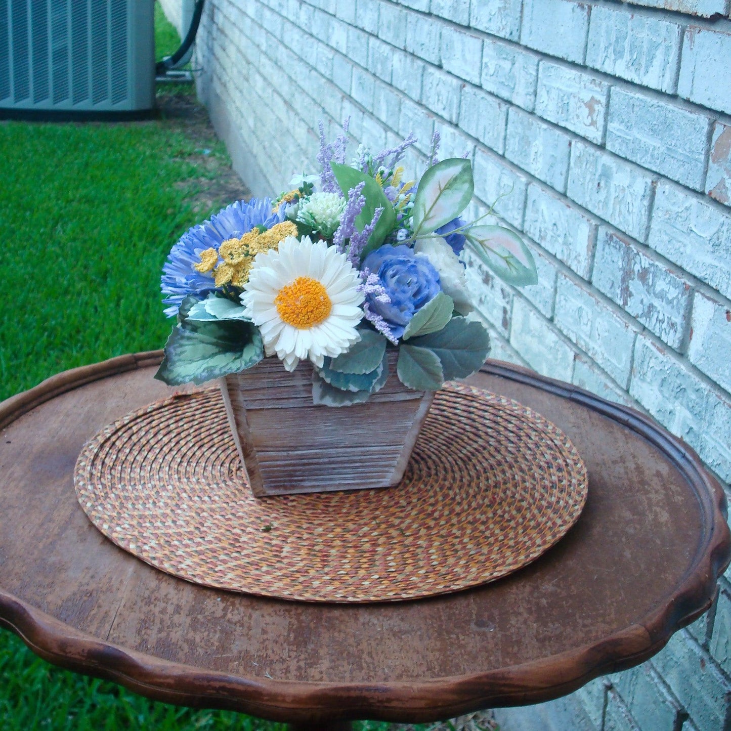 Purple & Yellow Sola Wood Flower Centerpiece in White-Washed Container