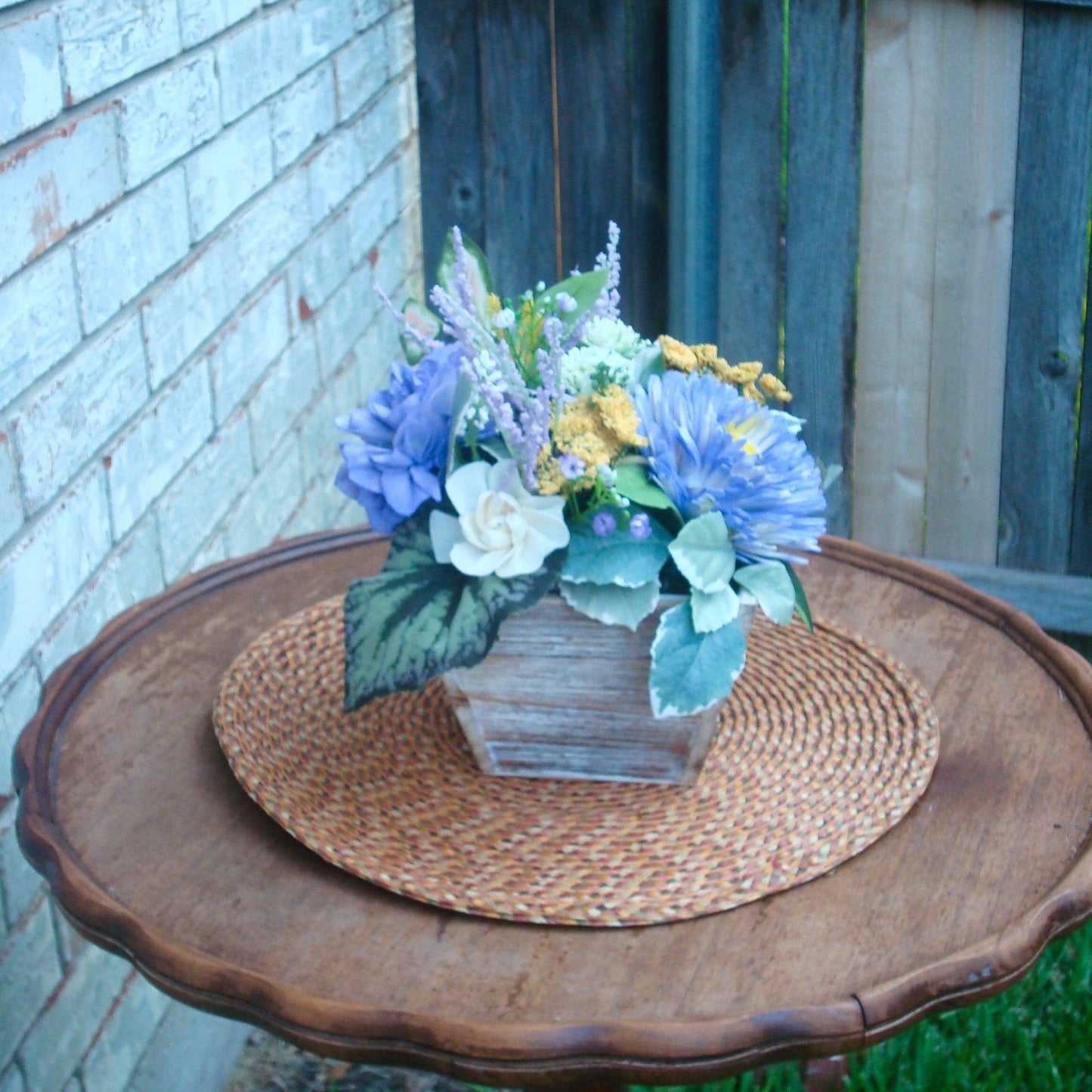 Purple & Yellow Sola Wood Flower Centerpiece in White-Washed Container