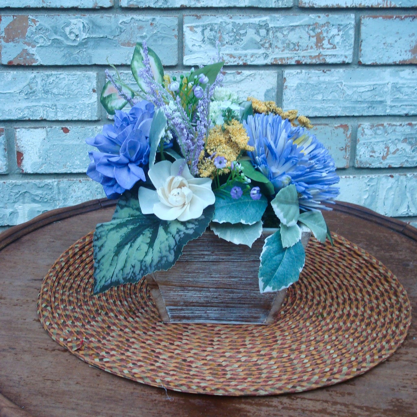 Purple & Yellow Sola Wood Flower Centerpiece in White-Washed Container