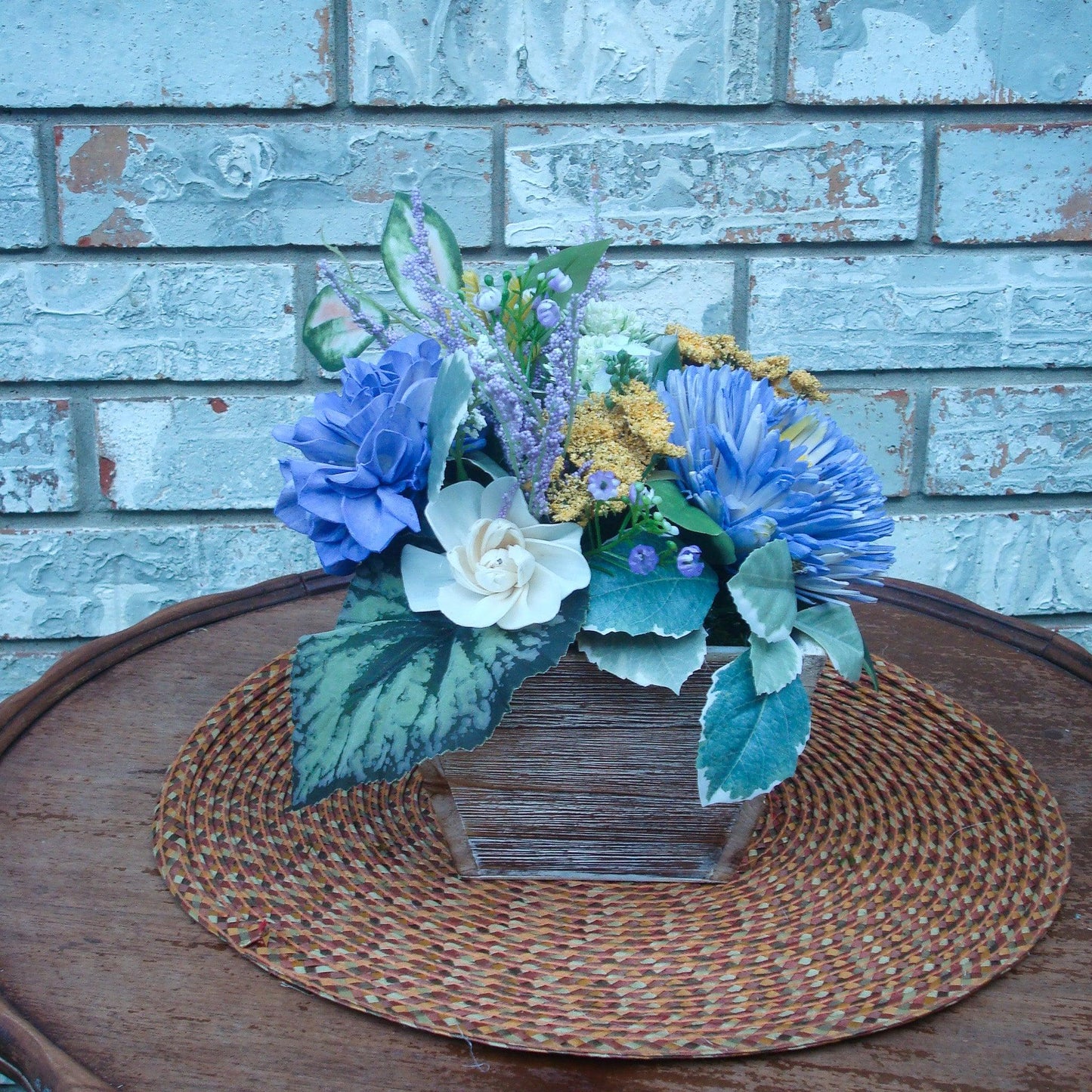 Purple & Yellow Sola Wood Flower Centerpiece in White-Washed Container