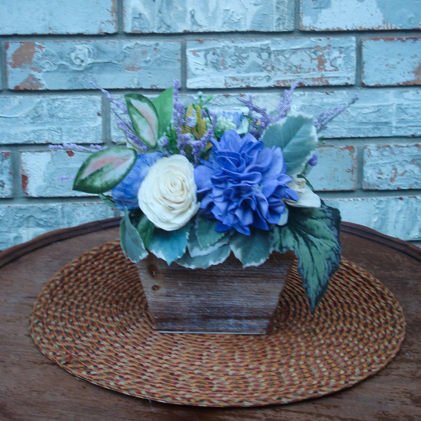 Purple & Yellow Sola Wood Flower Centerpiece in White-Washed Container