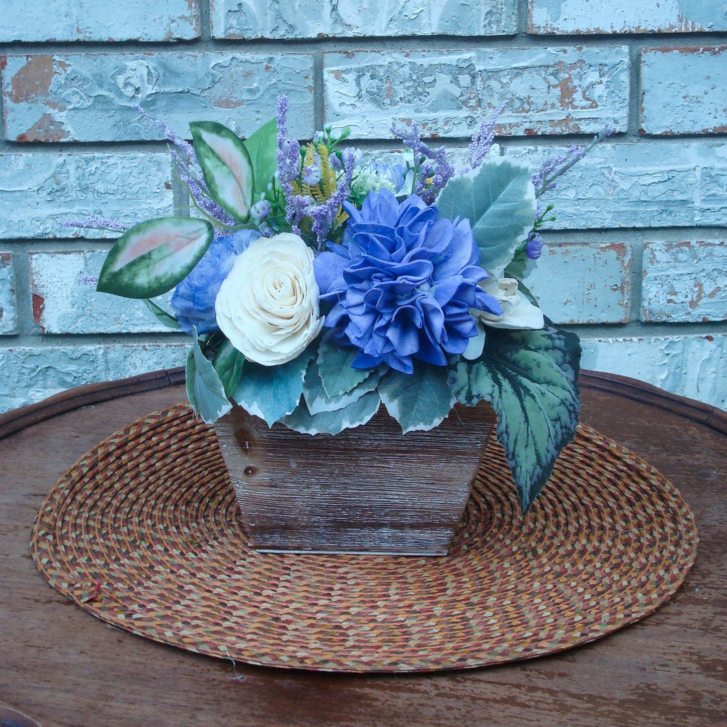 Purple & Yellow Sola Wood Flower Centerpiece in White-Washed Container