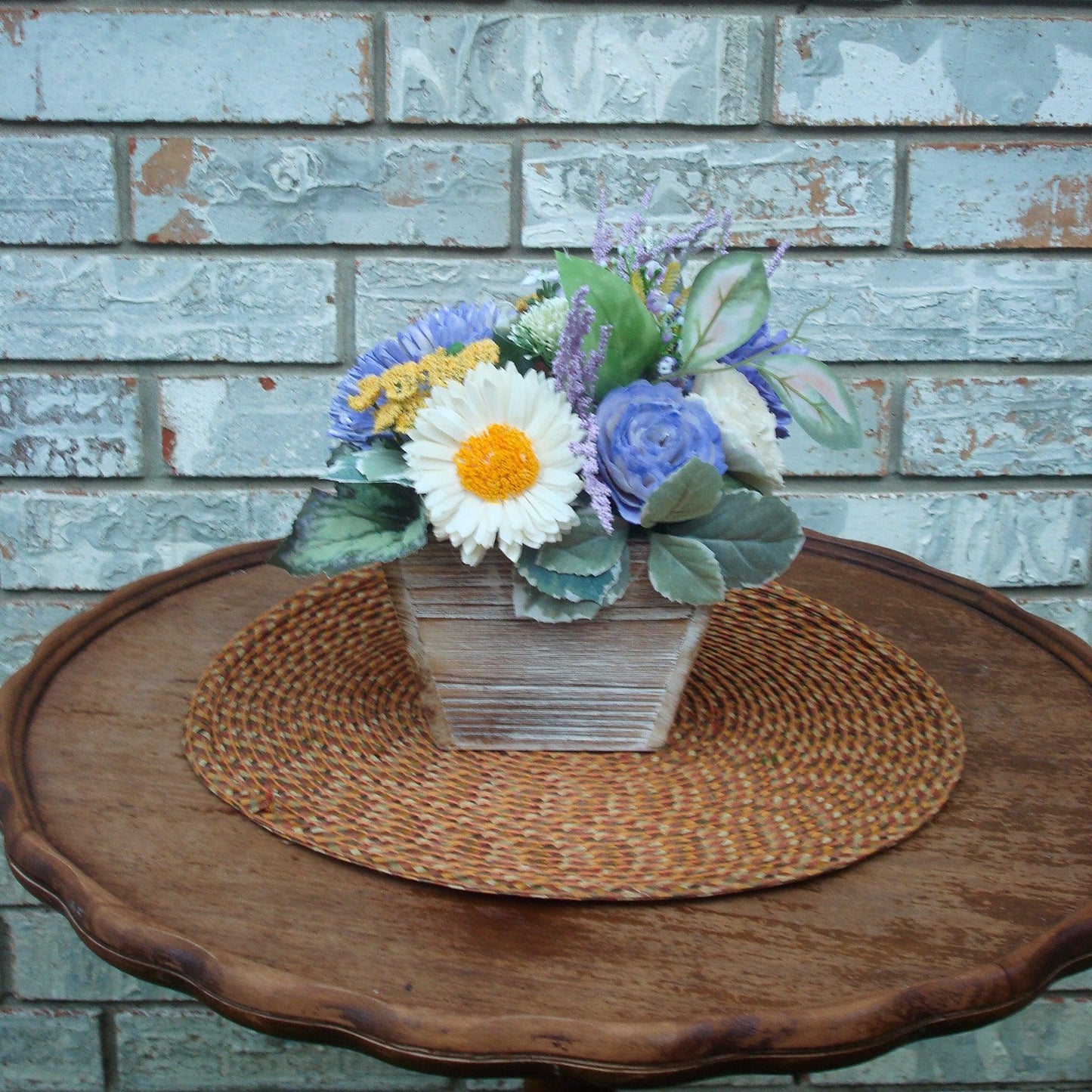 Purple & Yellow Sola Wood Flower Centerpiece in White-Washed Container