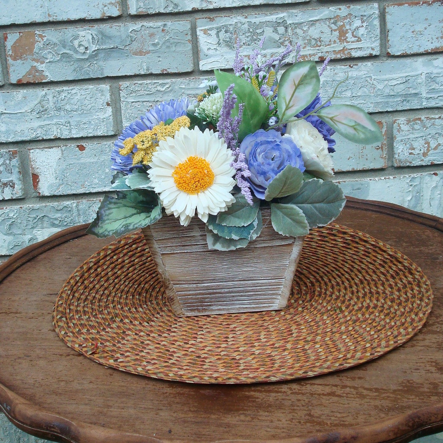 Purple & Yellow Sola Wood Flower Centerpiece in White-Washed Container