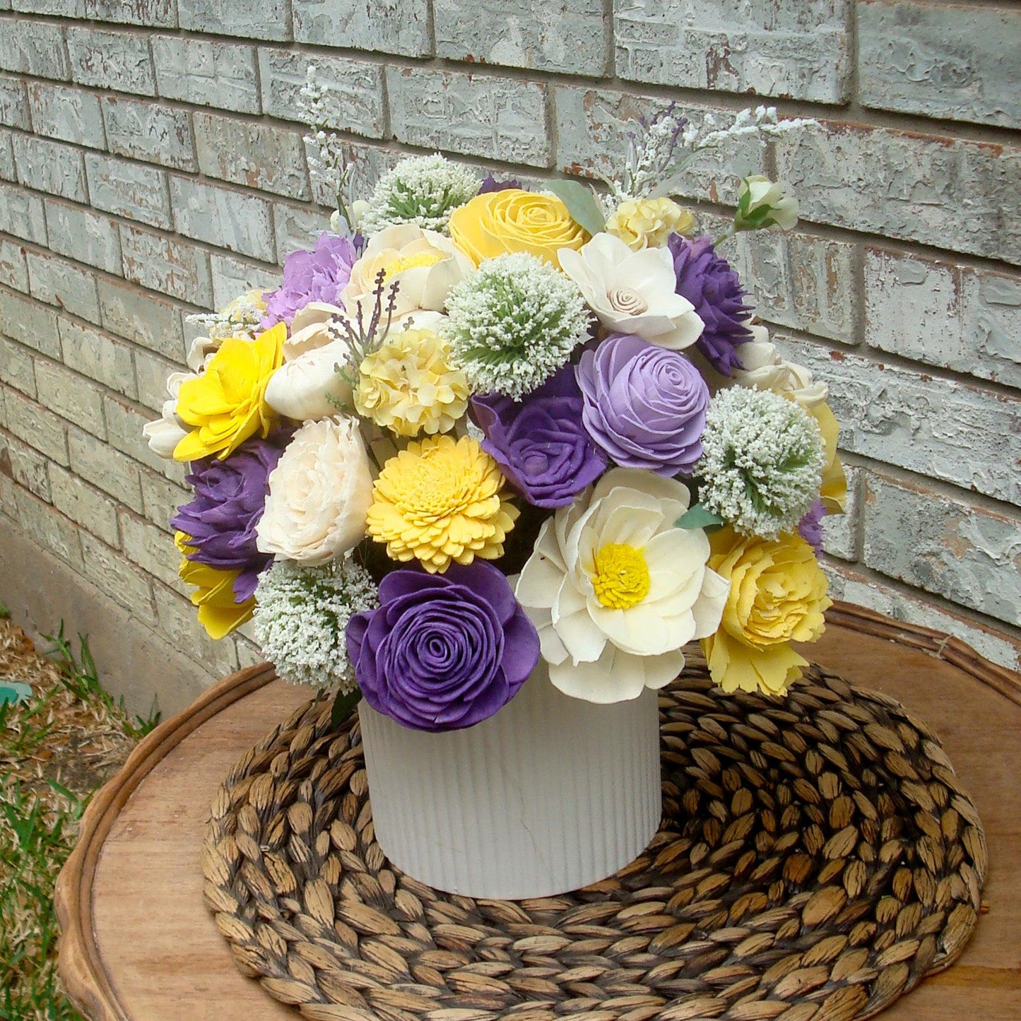 Purple & Yellow Sola Wood Flower Centerpiece in White Vase