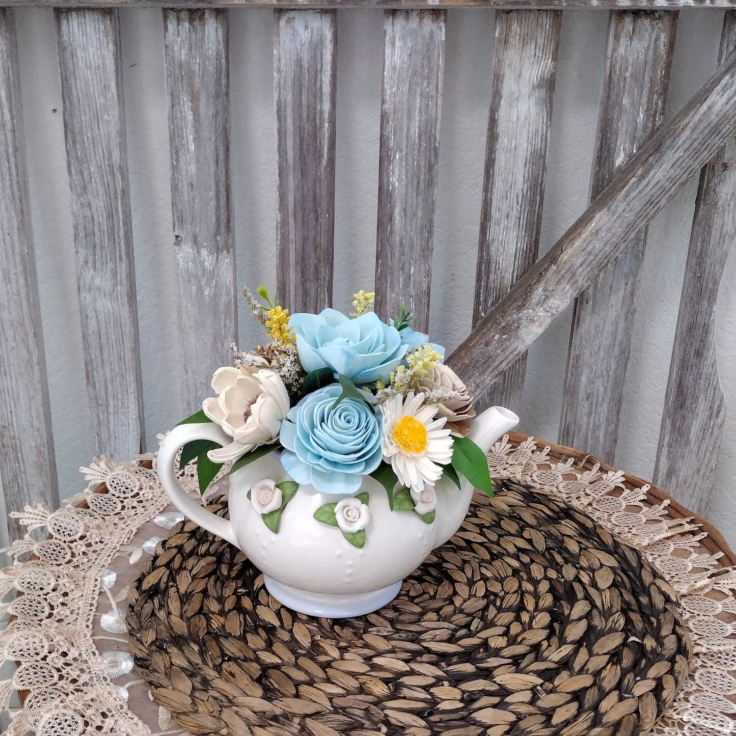 Sola Wood Flower Teapot Arrangement – Rustic Floral Centerpiece, Eco-Friendly Gift, Farmhouse Wedding Décor
