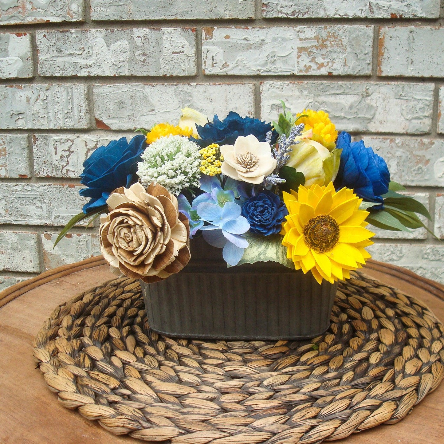 Blue and Yellow Sola Wood Flowers Arrangement, Gift for her