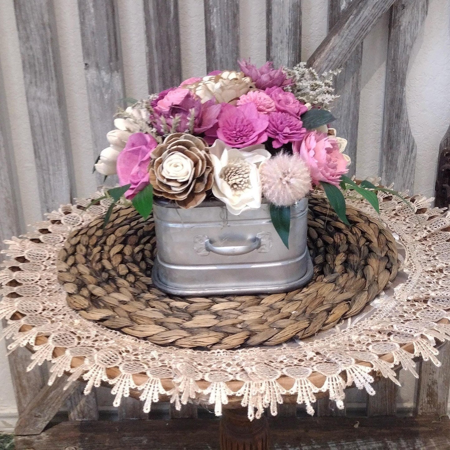 Dusty Pink Sola Wood Fall Centerpiece in Rustic Metal Container | Handcrafted Floral Gift for Her