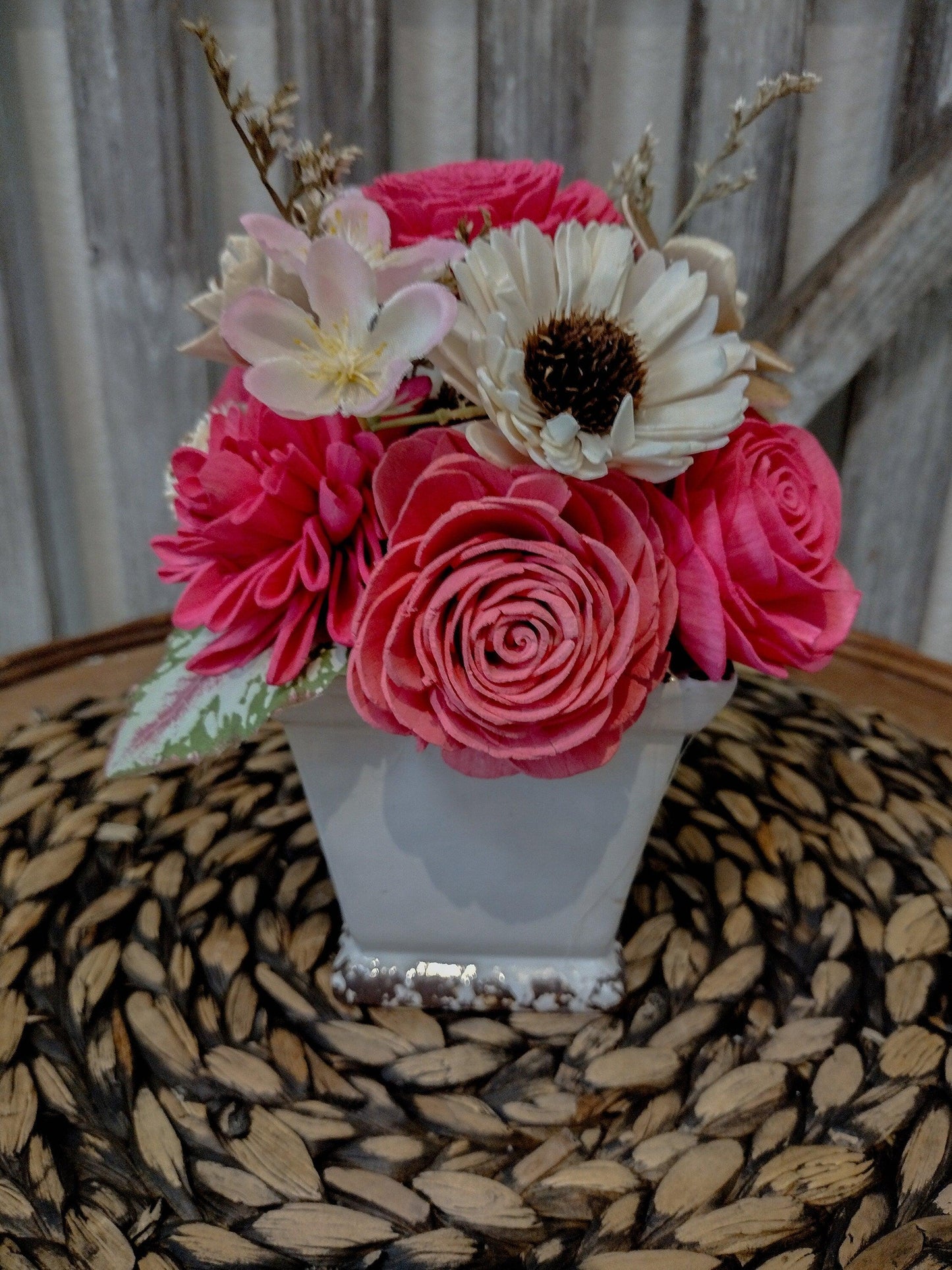 Bright Pink & Ivory Sola Wood Flower Farmhouse Centerpiece | Handcrafted Keepsake Arrangement