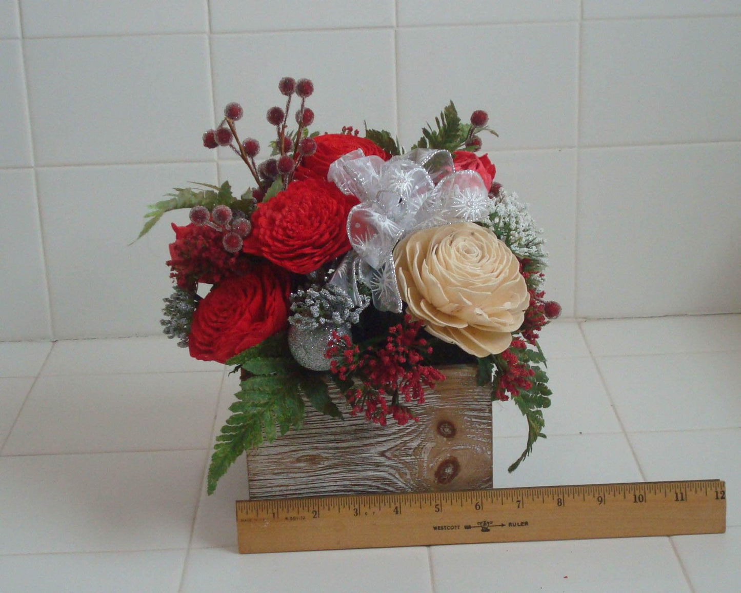 Holiday decoration, Christmas Centerpiece with berries and sola wood flowers in a wood box, gift
