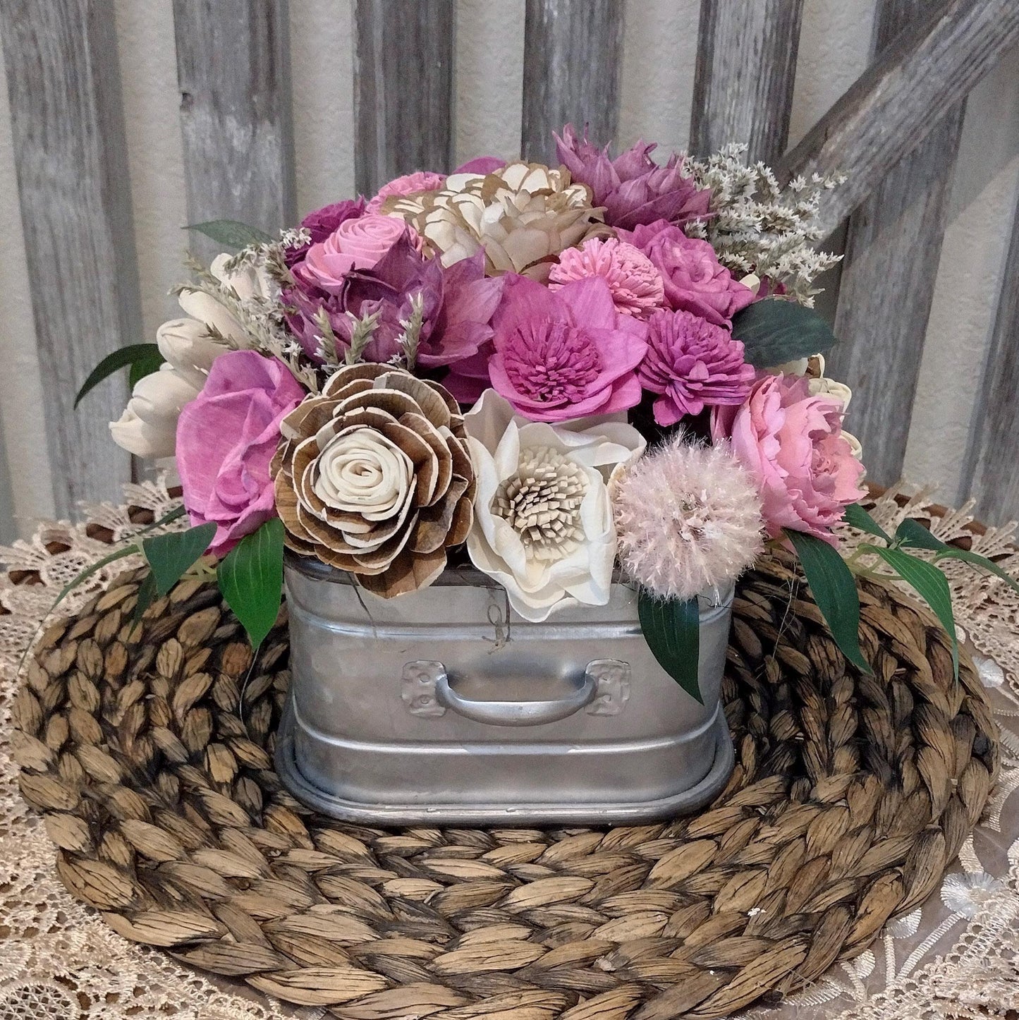 Dusty Pink Sola Wood Fall Centerpiece in Rustic Metal Container | Handcrafted Floral Gift for Her