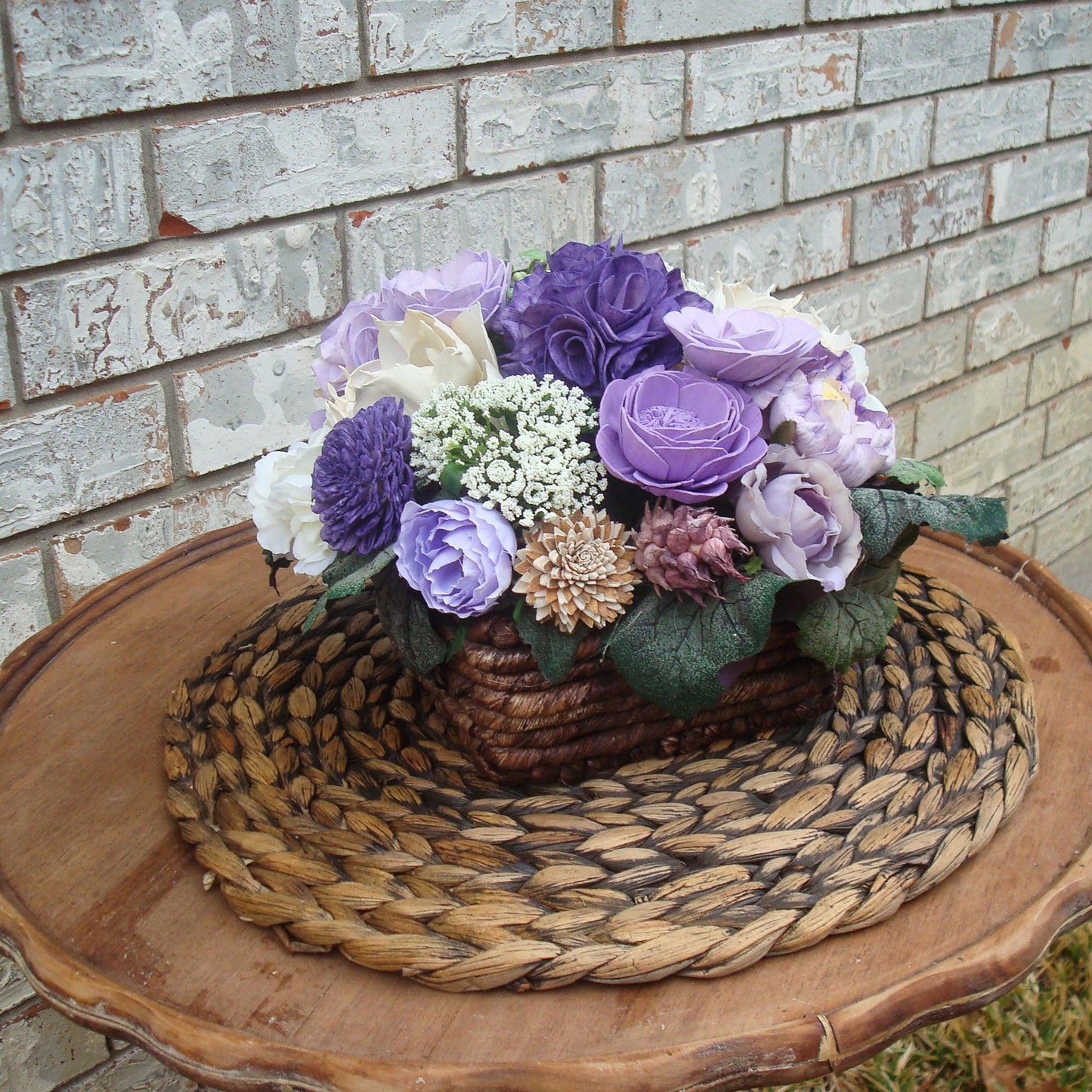 Purple Sola Wood Flower Arrangement in Rustic Woven Basket | Handcrafted Gift for Her