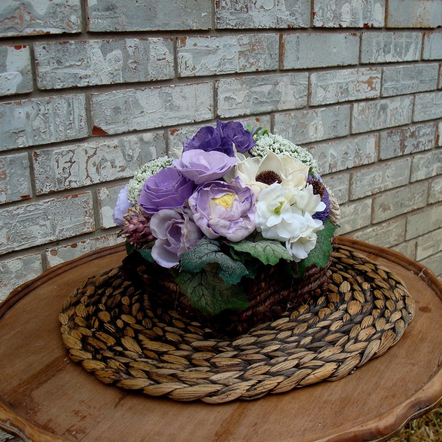 Purple Sola Wood Flower Arrangement in Rustic Woven Basket | Handcrafted Gift for Her