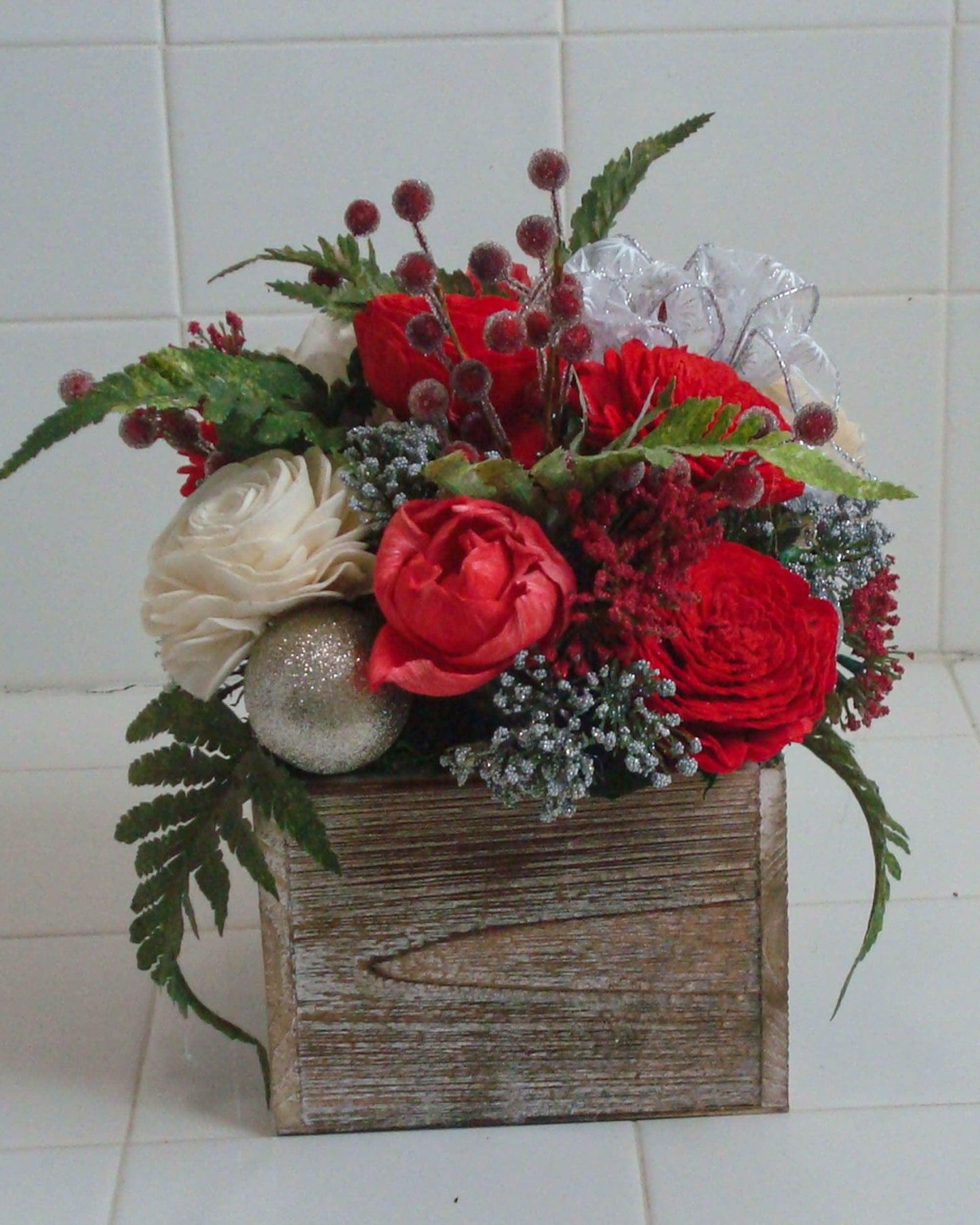 Holiday decoration, Christmas Centerpiece with berries and sola wood flowers in a wood box, gift