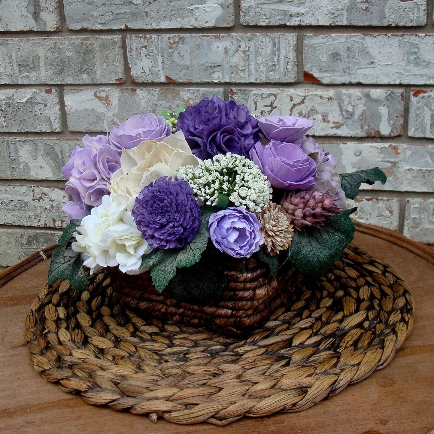 Purple Sola Wood Flower Arrangement in Rustic Woven Basket | Handcrafted Gift for Her
