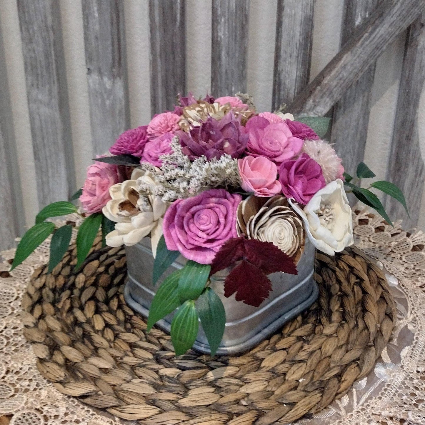 Dusty Pink Sola Wood Fall Centerpiece in Rustic Metal Container | Handcrafted Floral Gift for Her