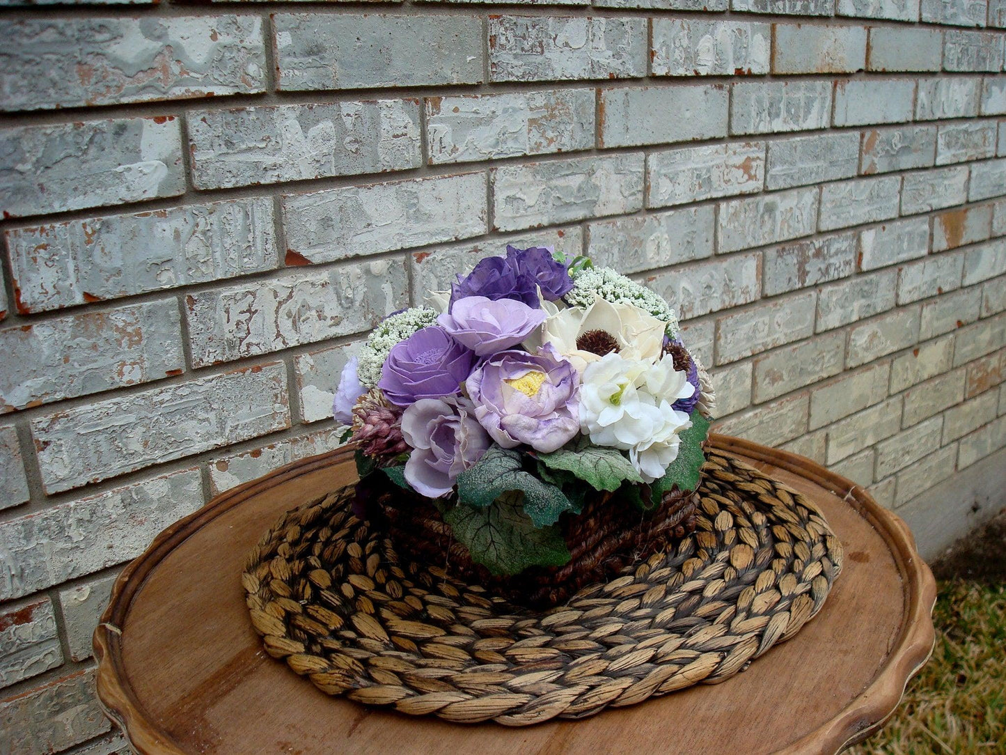 Purple Sola Wood Flower Arrangement in Rustic Woven Basket | Handcrafted Gift for Her