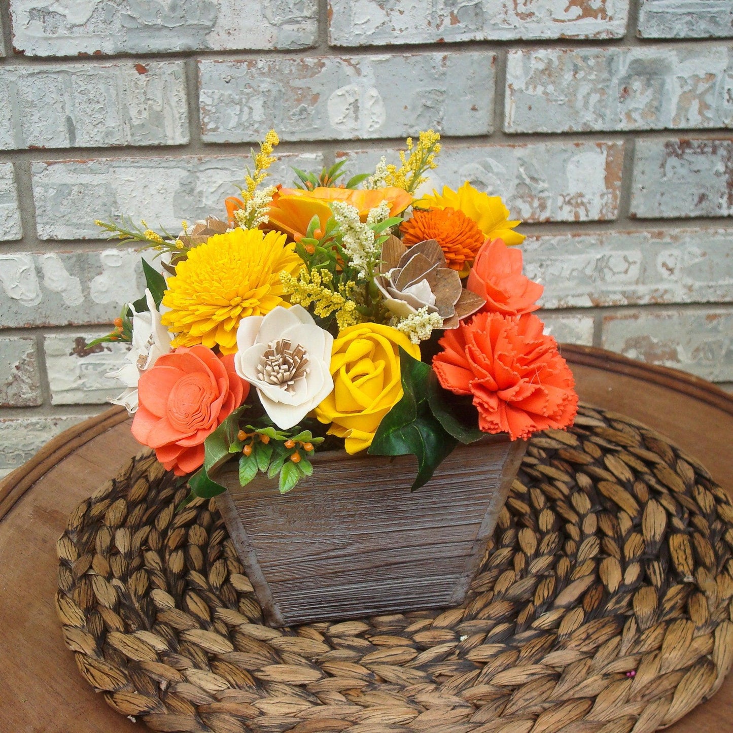 Orange and Yellow Sola Flowers, Wood Flower Arrangement