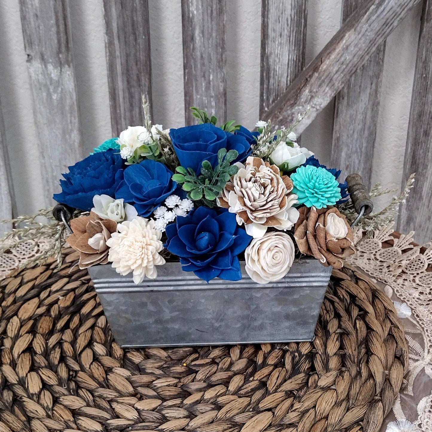 Navy, Teal & Natural Sola Wood Flower Centerpiece | Rustic Handcrafted Gift for Her