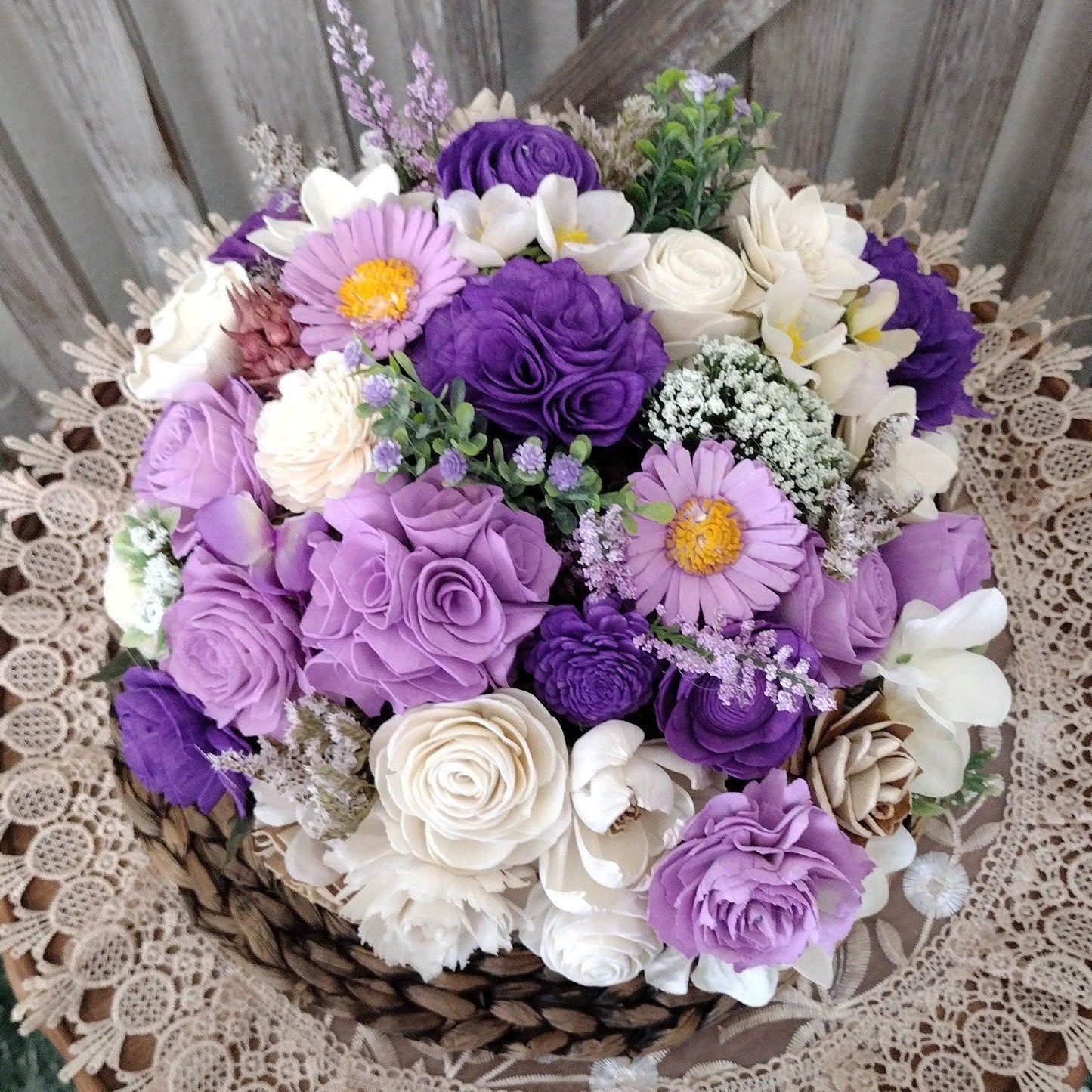 large square purples and white sola wood flower arrangement