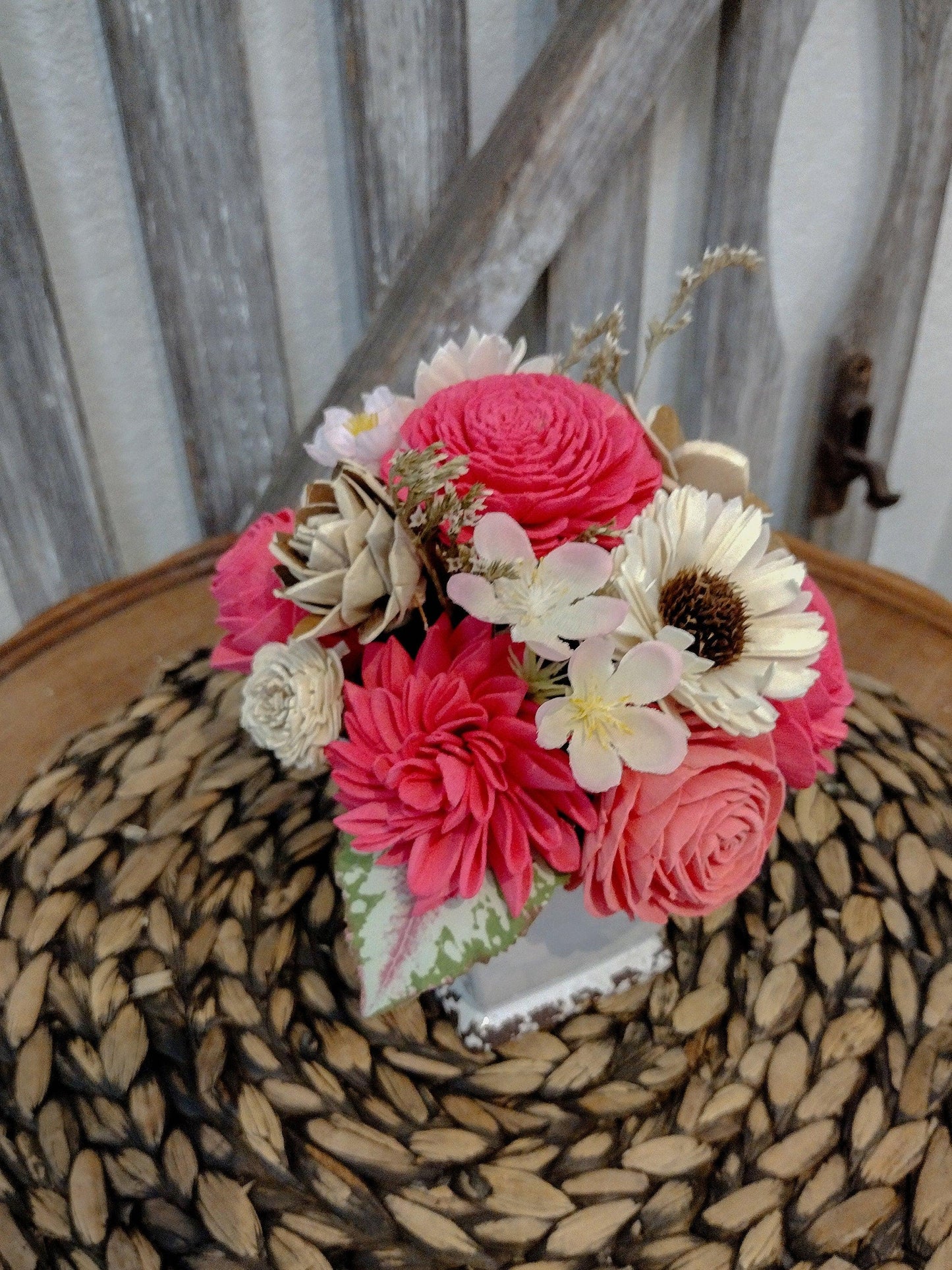 Bright Pink & Ivory Sola Wood Flower Farmhouse Centerpiece | Handcrafted Keepsake Arrangement