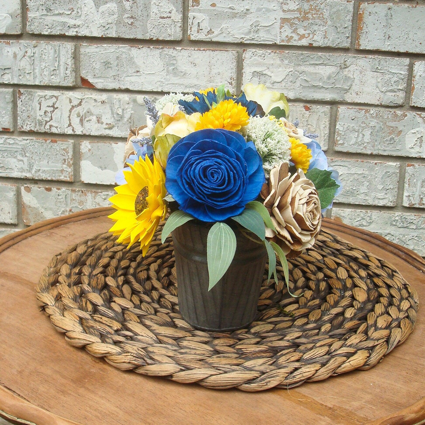 Blue and Yellow Sola Wood Flowers Arrangement, Gift for her
