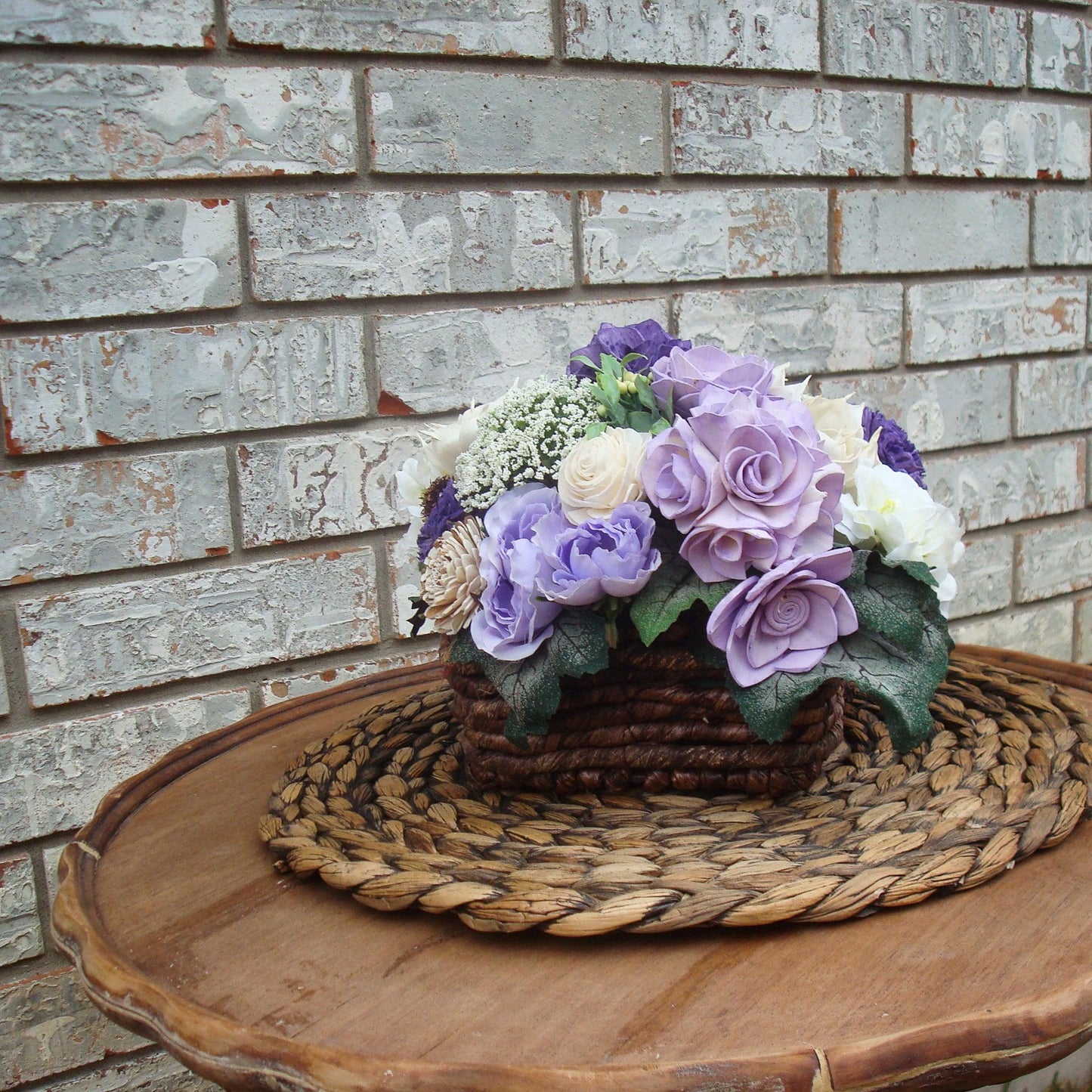 Purple Sola Wood Flower Arrangement in Rustic Woven Basket | Handcrafted Gift for Her