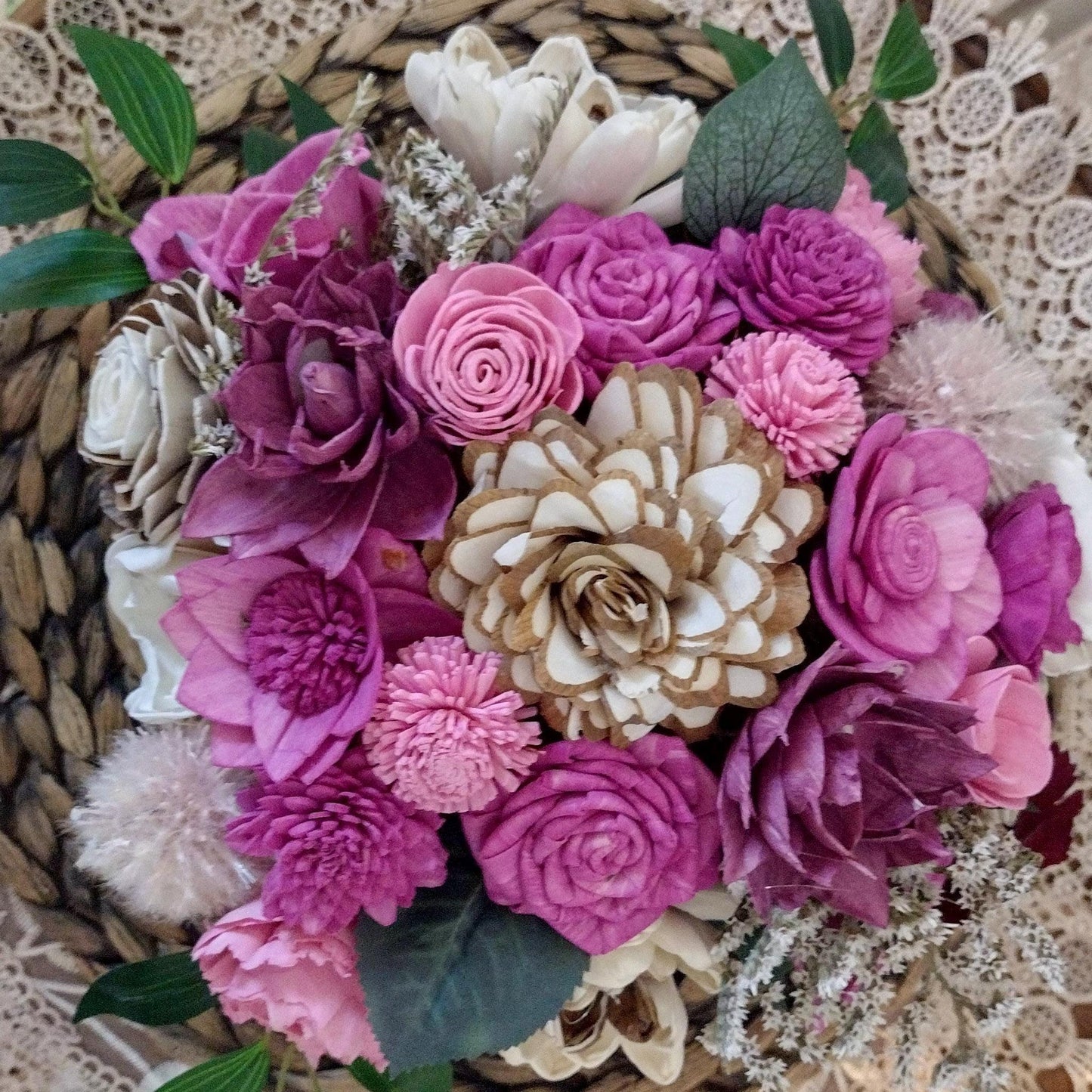 Dusty Pink Sola Wood Fall Centerpiece in Rustic Metal Container | Handcrafted Floral Gift for Her